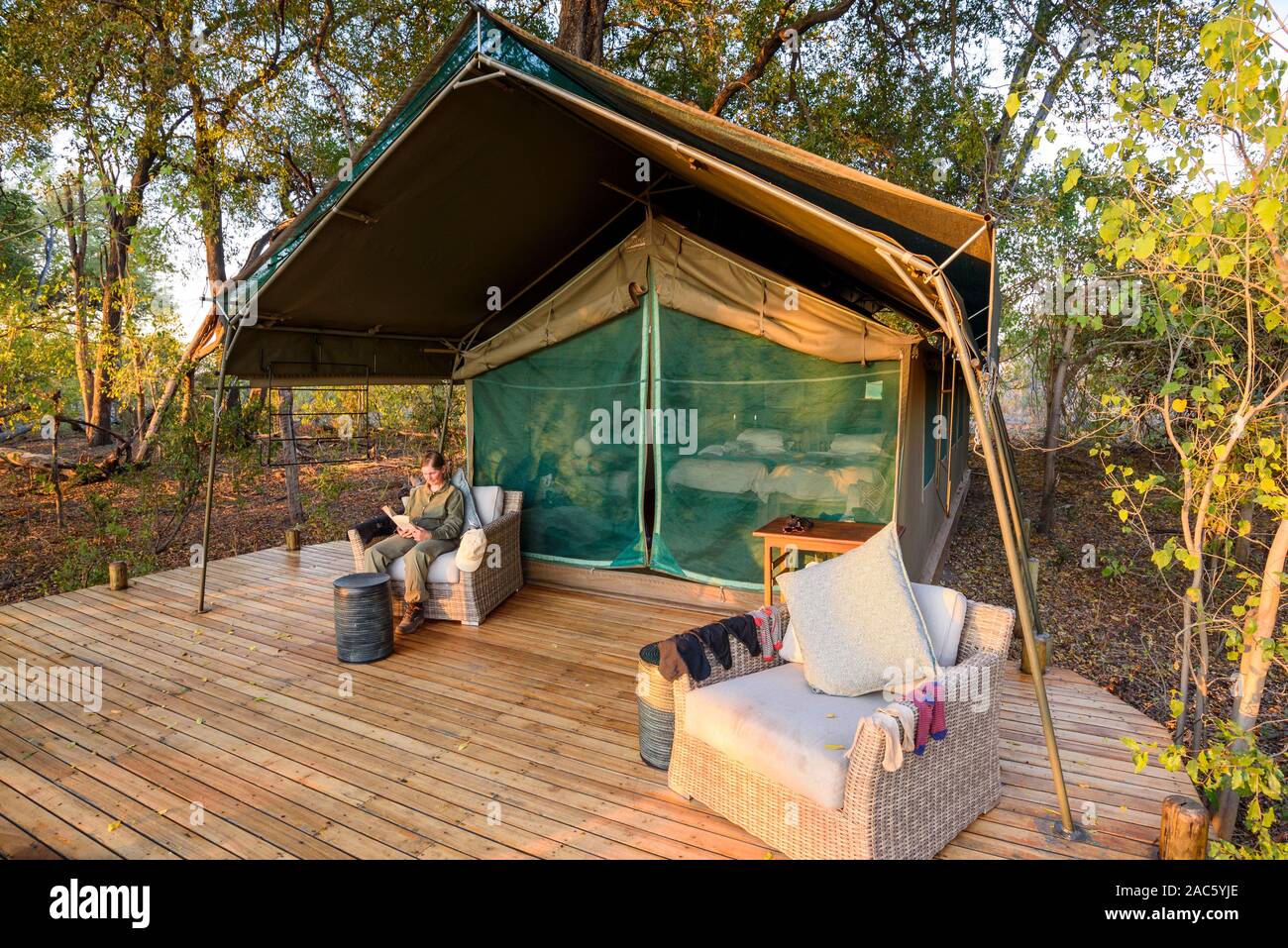Camping de luxe à Macatoo, dans le Delta d'Okavango, au Botswana Banque D'Images