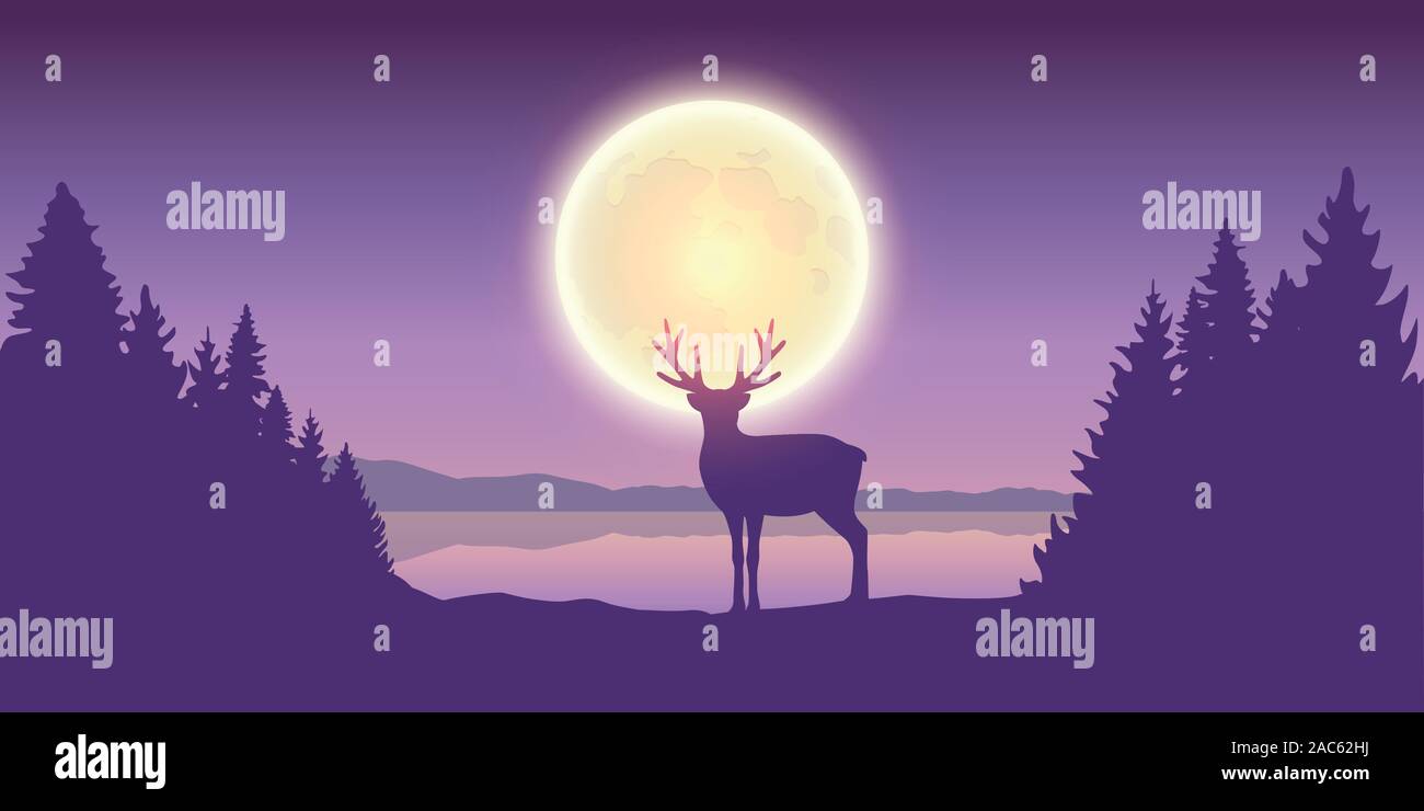Seul rennes dans la forêt à la pleine lune par le lac EPS10 vector illustration Illustration de Vecteur
