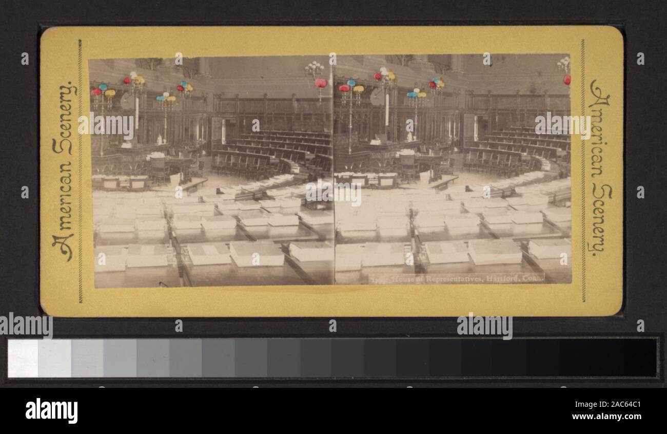 Chambre des Représentants, Hartford, Conn., comprend des vues par D. S. Camp, S. C. Northrup, Milan P. Warner et d'autres photographes et éditeurs. Robert Dennis Collection de vues stéréoscopiques. Titre conçu par cataloger. Vues d'Hartford, Connecticut : général et comprend une vue sur la rue, y compris une scène de parade ; Compagnie d'assurance des immeubles ; la capitale de l'Etat, y compris une vue sur l'intérieur ; un bâtiment du gouvernement non identifiés ; des foyers y compris ceux de Mark Twain, Mme John Goodwin et un intérieur non identifiés montrant 3 hommes assis dans un salon avec un piano ; l'Atheneum ; Trinity College ; le chu Banque D'Images