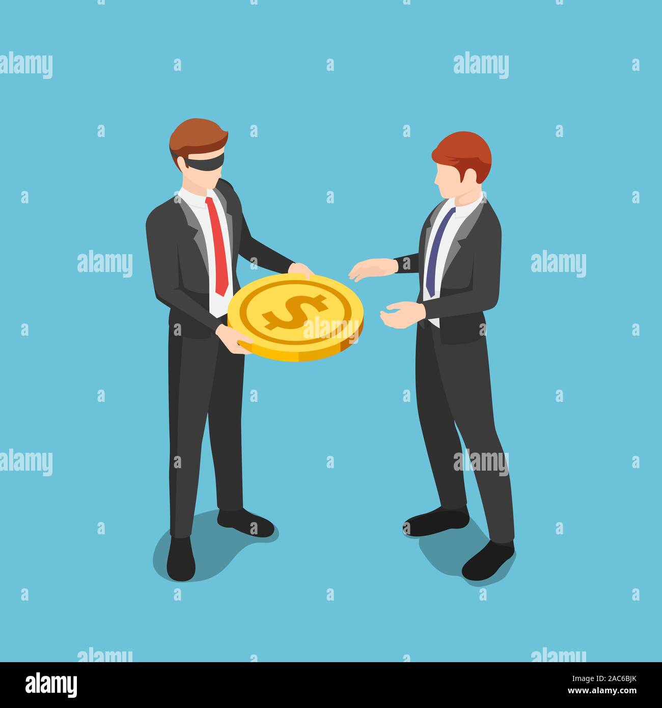 Télévision 3D isométrique bandés businessman giving pièce d'un dollar de l'argent à d'autres gens d'affaires. Prévenir les conflits d'intérêts avec les fiducies sans droit de concep Illustration de Vecteur