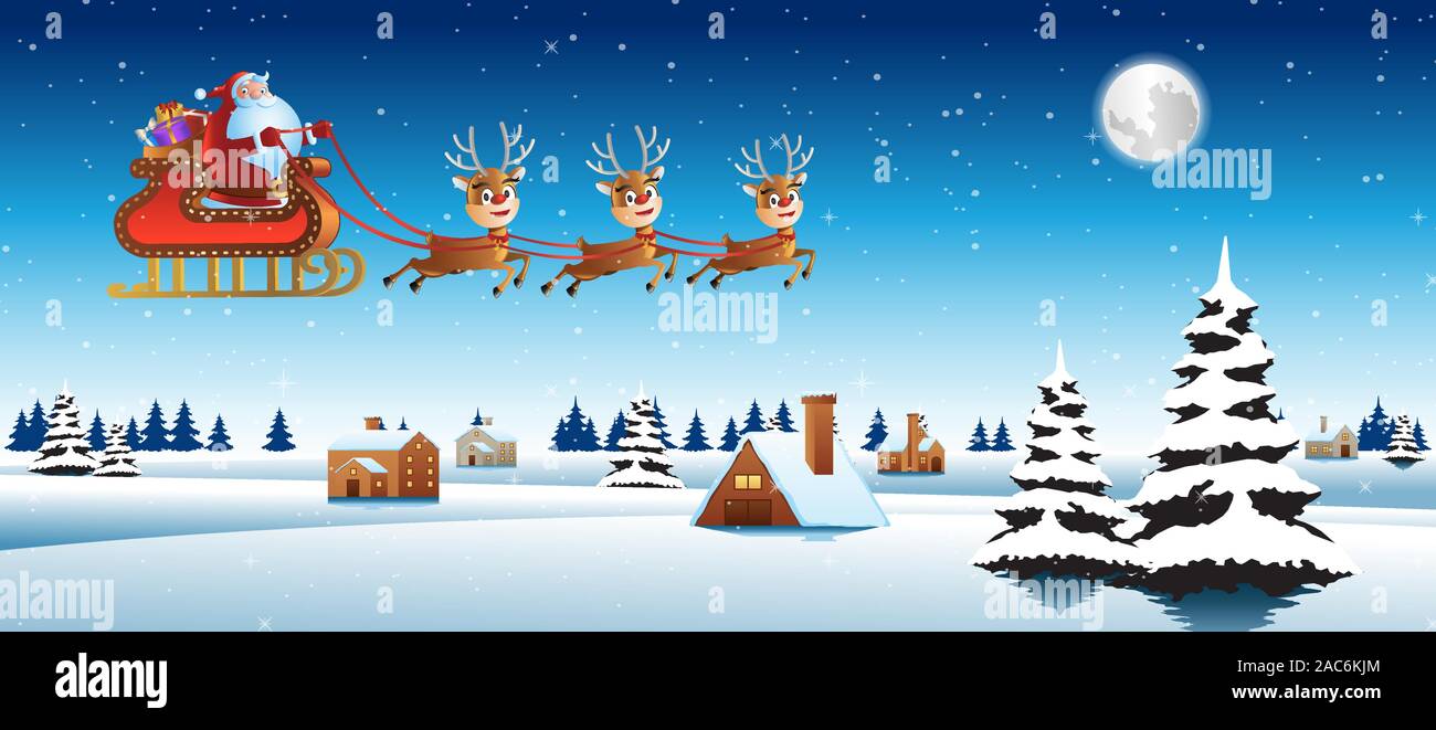 Père Noël avec traîneau ride deer voler plus de village pour envoyer un cadeau à tout le monde,vector illustration Illustration de Vecteur