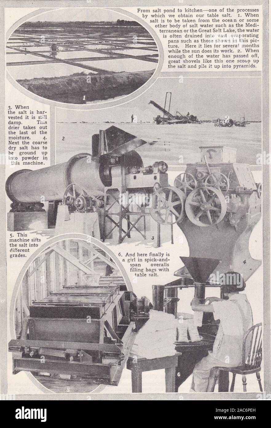 1930 'alt' - Processus de récolte de sel de mer à table. Banque D'Images