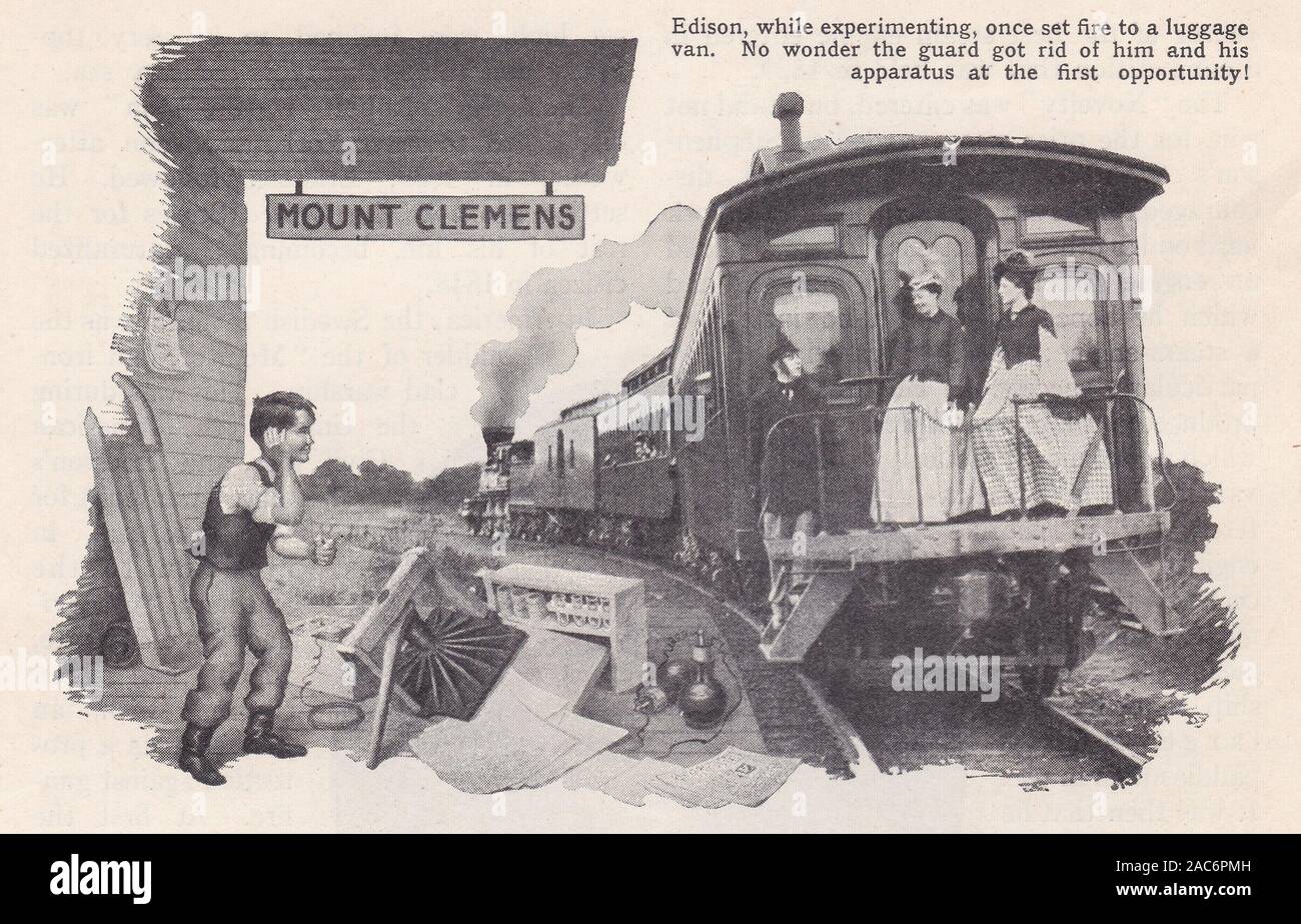 'Thomas Alva Edison' - un génie qui s'est tourné sur la lumière pour le monde. Illustration d'un jeune Thomas Edison sur une plate-forme du train de regarder un train. Banque D'Images