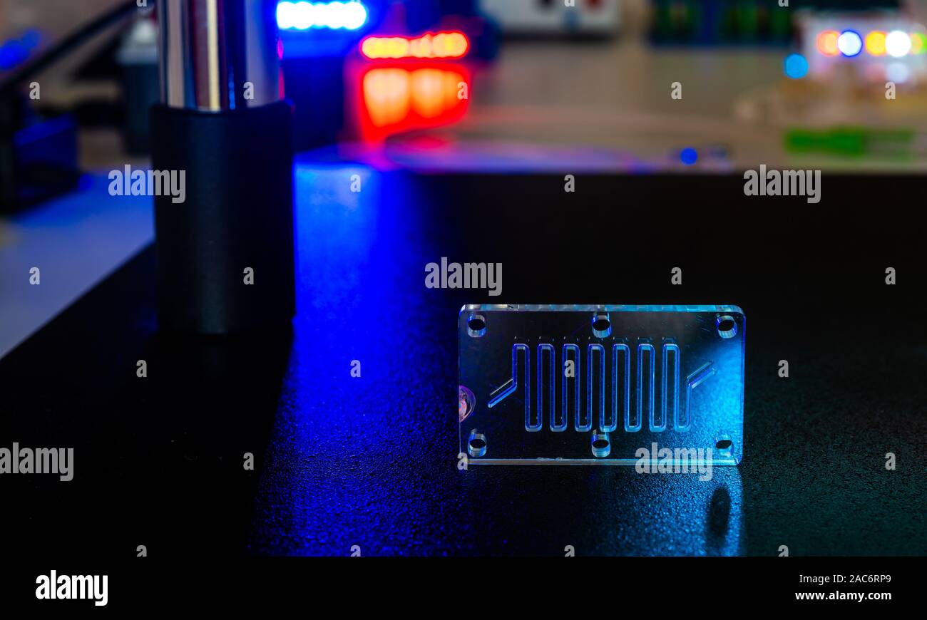 Dispositif microfluidique Instrument qui utilise des micro-quantités de fluide sur une puce de faire certaines analyses de laboratoire. Banque D'Images