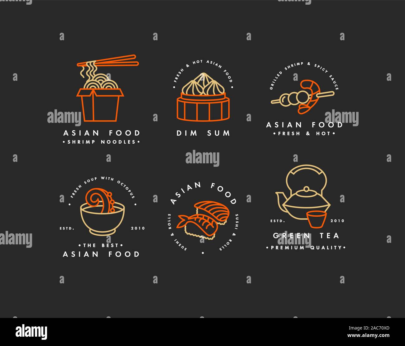 Vector set de modèles de conception de logos et emblèmes ou badges. Alimentation asiatique - nouilles, dim sum, soupe, sushi. Logos, linéaire et d'or rouge. Illustration de Vecteur