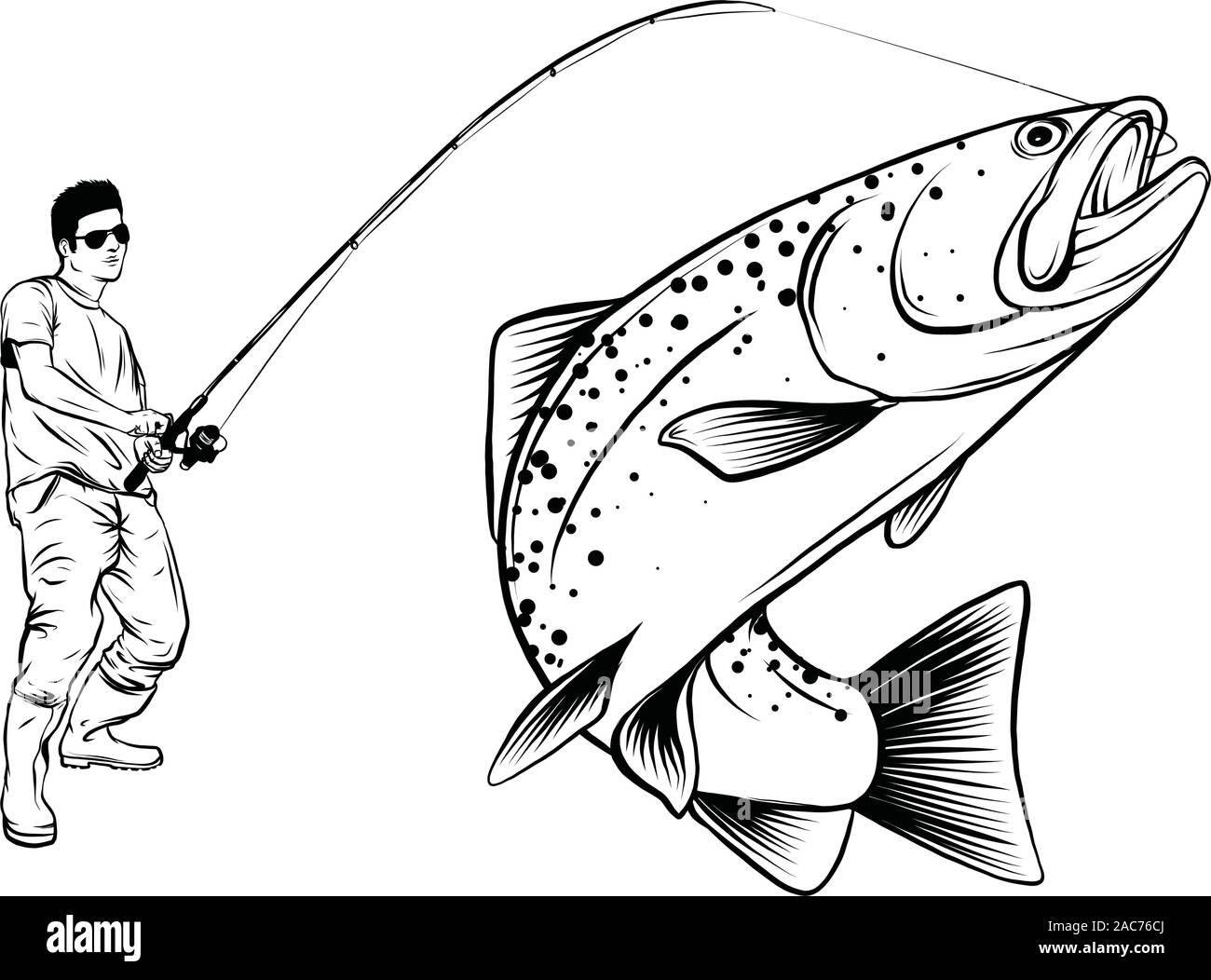 Conception de la pêche pour la lutte antivectorielle. Un pêcheur attrape un voile sur une vague. Illustration de Vecteur
