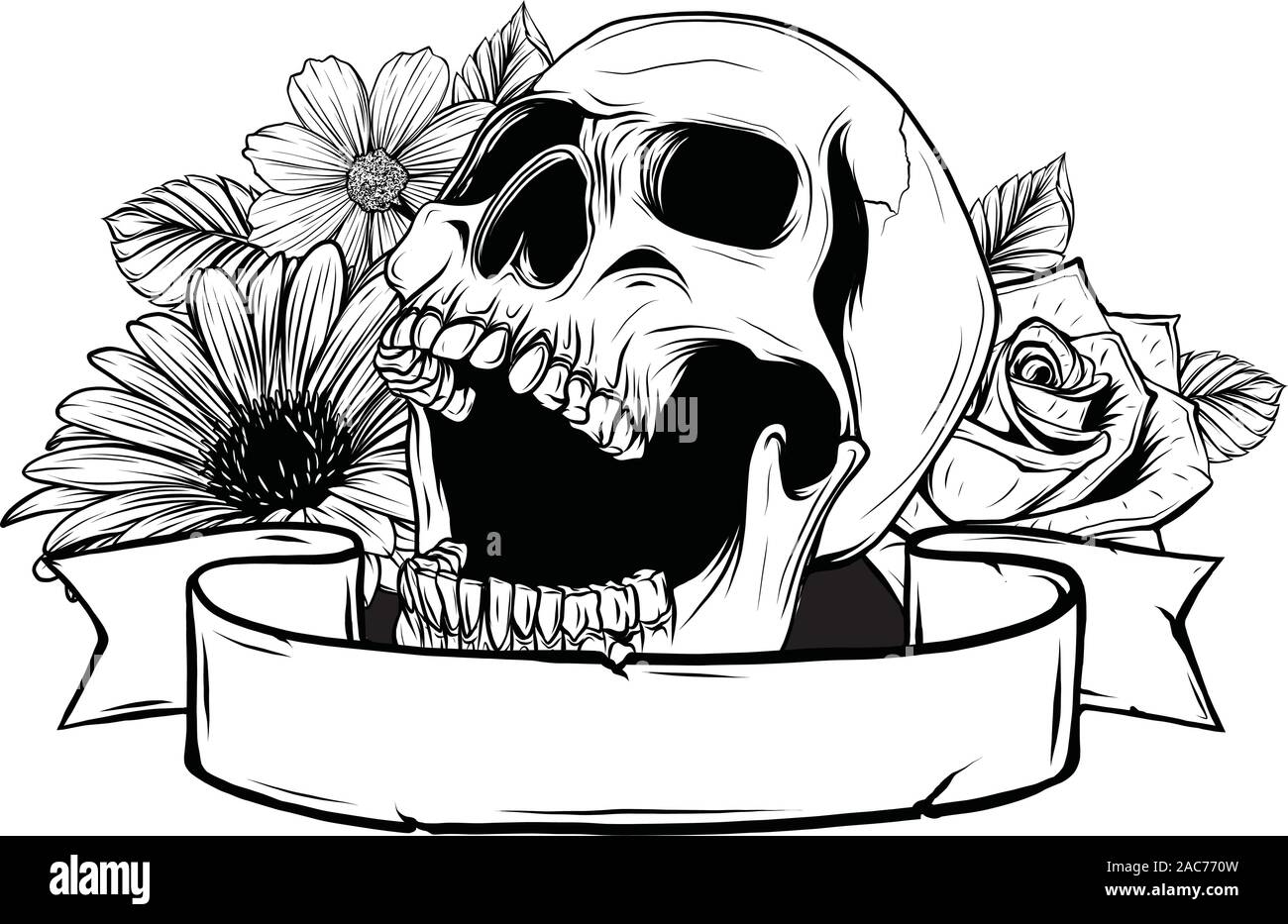 Crâne. Silhouette crâne Hipster avec moustache et apparaissait dans les dents avec ruban et bouquet de roses sur un fond. Illustration de Vecteur