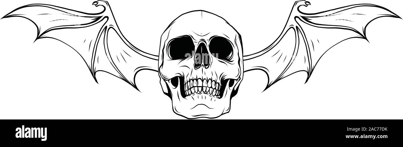 Crâne Fanged avec ailes de chauve-souris noir et blanc graphique vectoriel Illustration Icon Illustration de Vecteur