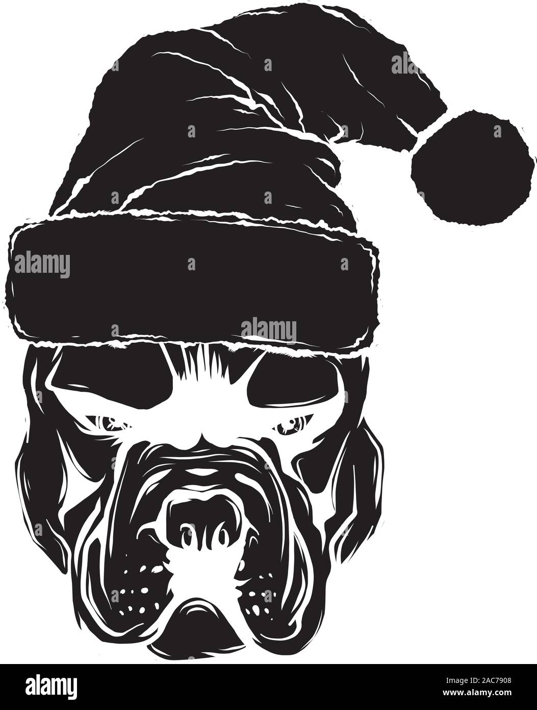 Carte de Noël. Portrait de l'affiche dans un bulldog s Santa hat. Vector illustration. Illustration de Vecteur