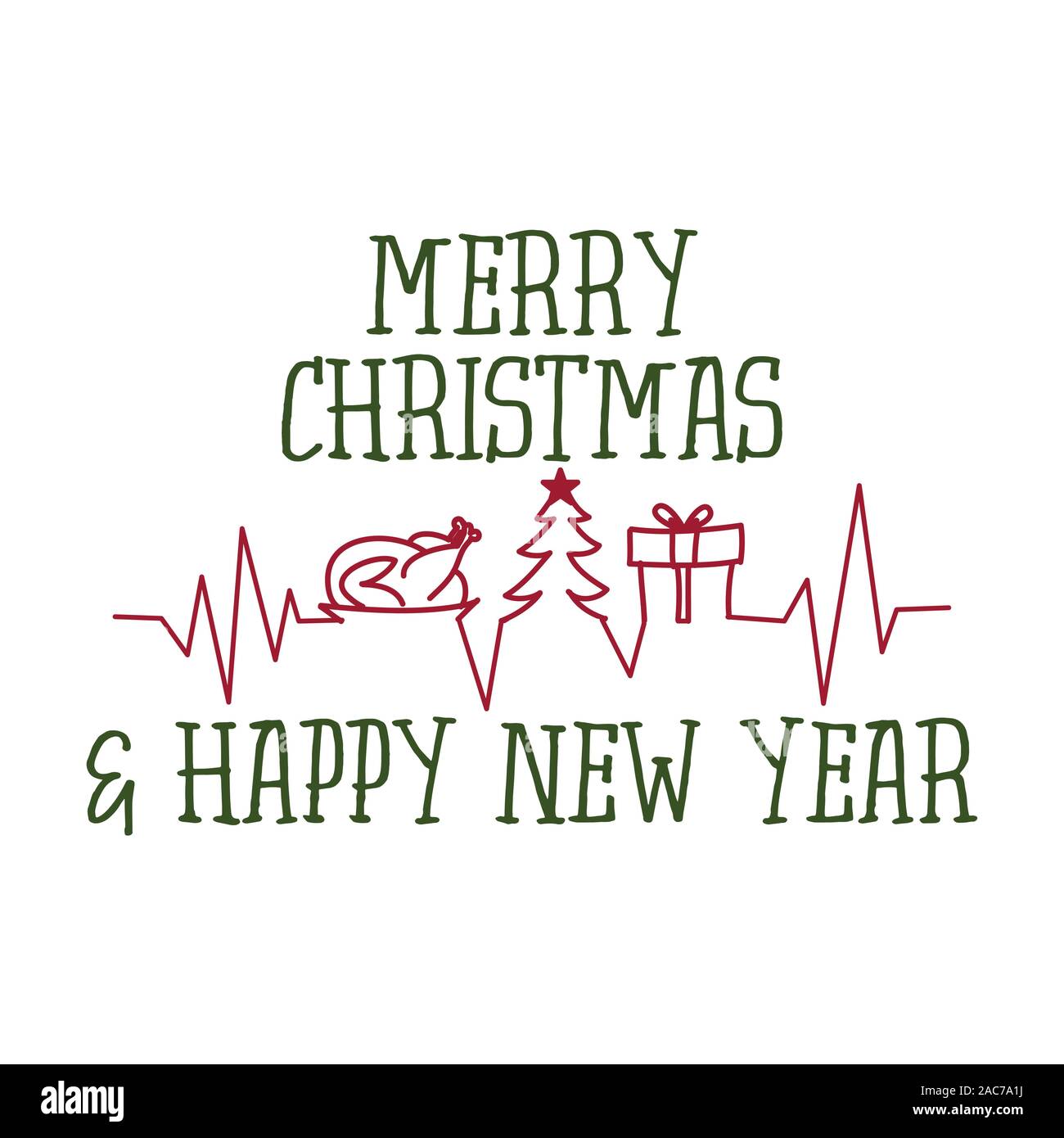 Joyeux Noël et Bonne année - funny accueil avec un schéma de pulsation avec symboles de Noël (arbre de Noël, dîner et cadeau). Illustration de Vecteur