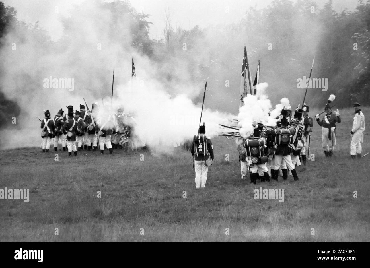 Reconstitution d'une bataille de la guerre napoléonienne dans l'enceinte de l'Abbaye de Battle, East Sussex par l'Association Napoléonienne : un peloton d'infanterie fire leurs fusils. circa 1994 Banque D'Images