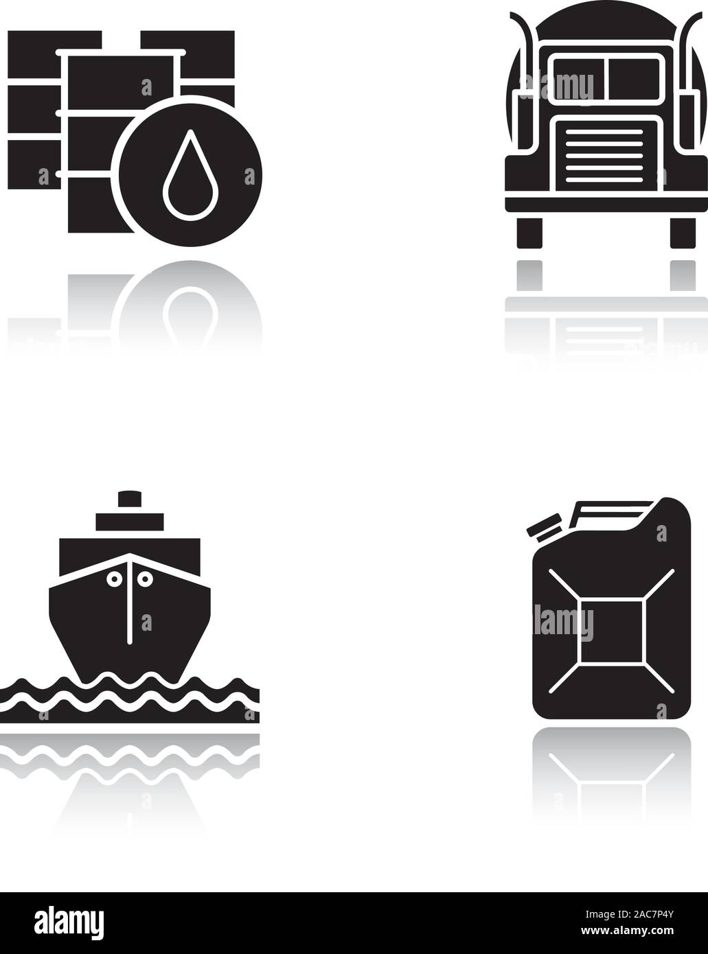 Le transport du pétrole de l'ombre portée des icônes noires. Barils d'essence et l'essence bidon, d'un cargo et le transport par camion citerne. Illust vectorielles Illustration de Vecteur