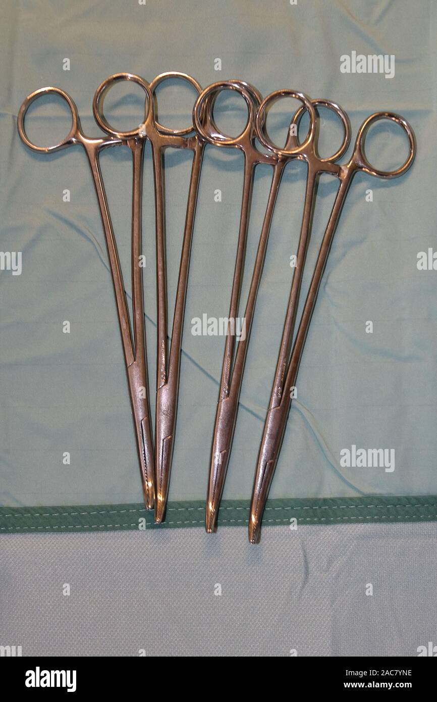 Quatre clips chirurgicaux en acier inoxydable sur un champ vert Photo Stock  - Alamy