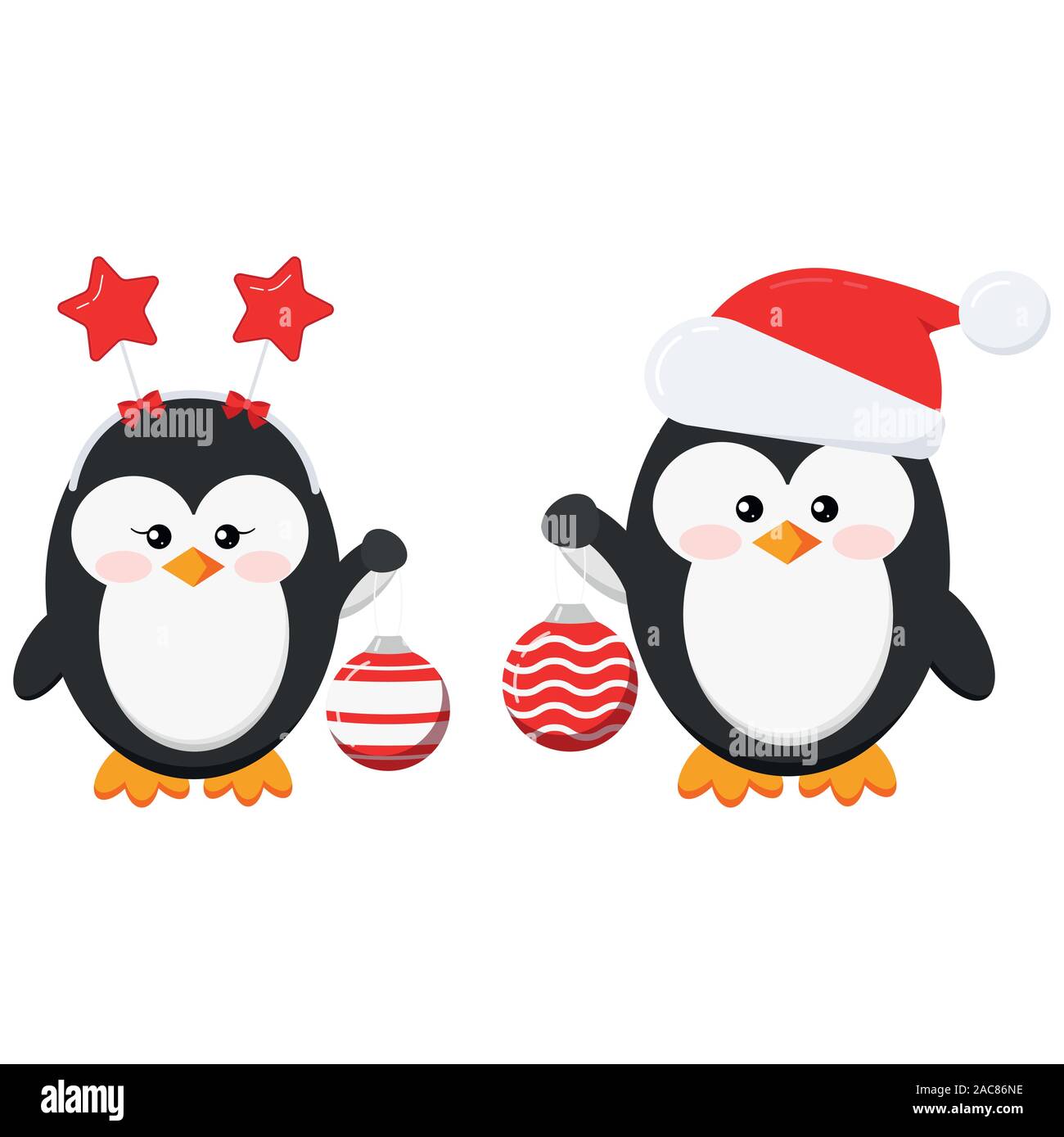 Penguin noël mignon garçon et fille détient deux boule de noël isolé sur fond blanc Illustration de Vecteur