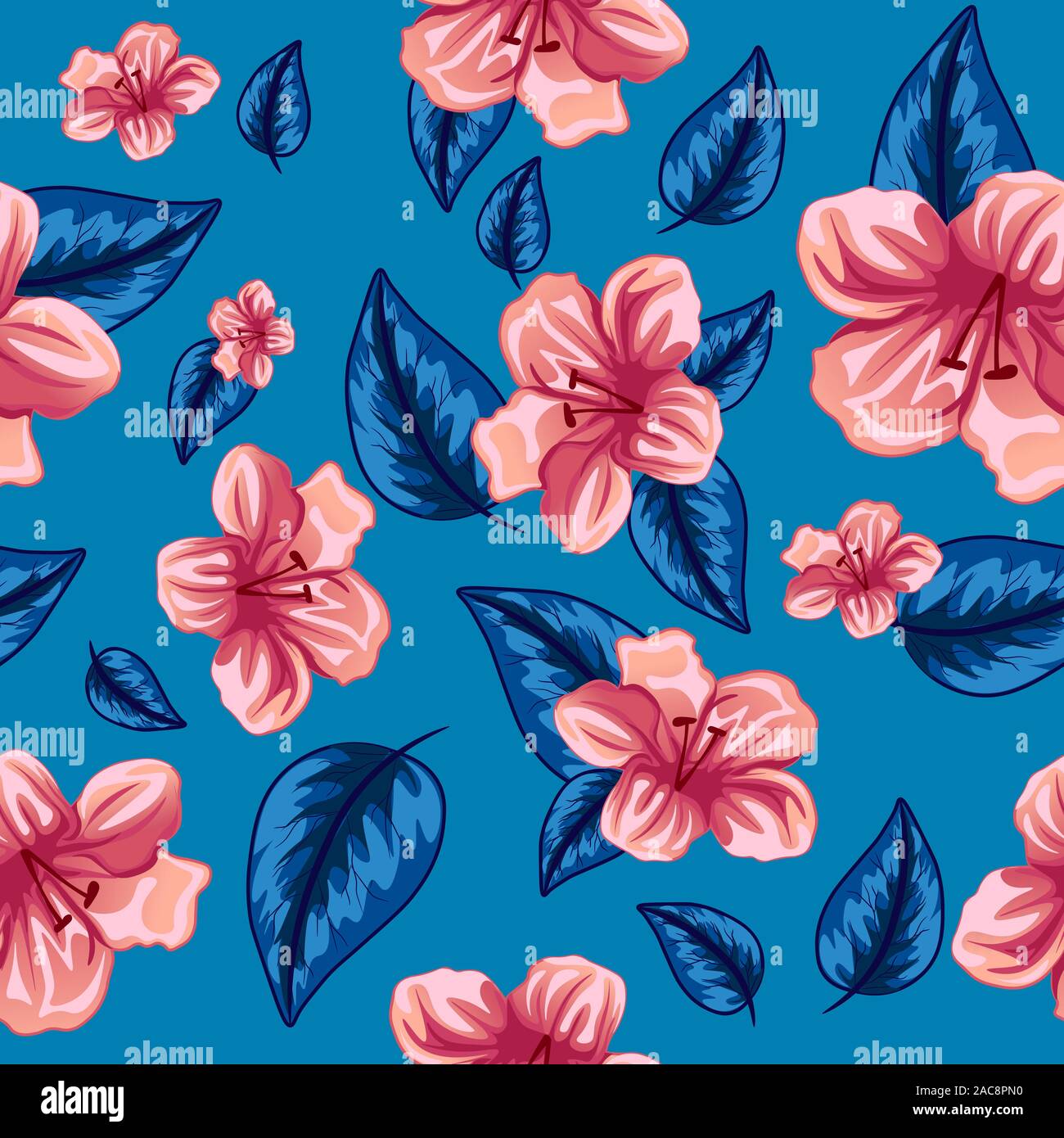 Profil de Rose transparent tropical fleurs et feuilles. Hibiscus et palm tree vecteur rose et bleu pour l'impression. Illustration de Vecteur