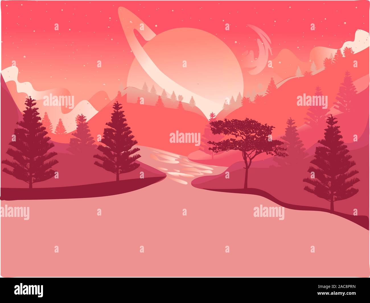 Arrière-plan de corail vivant le crépuscule soir ciel nocturne. Planète ou lune rose sur un coucher de soleil. Paysage futuriste naturel. Illustration de Vecteur