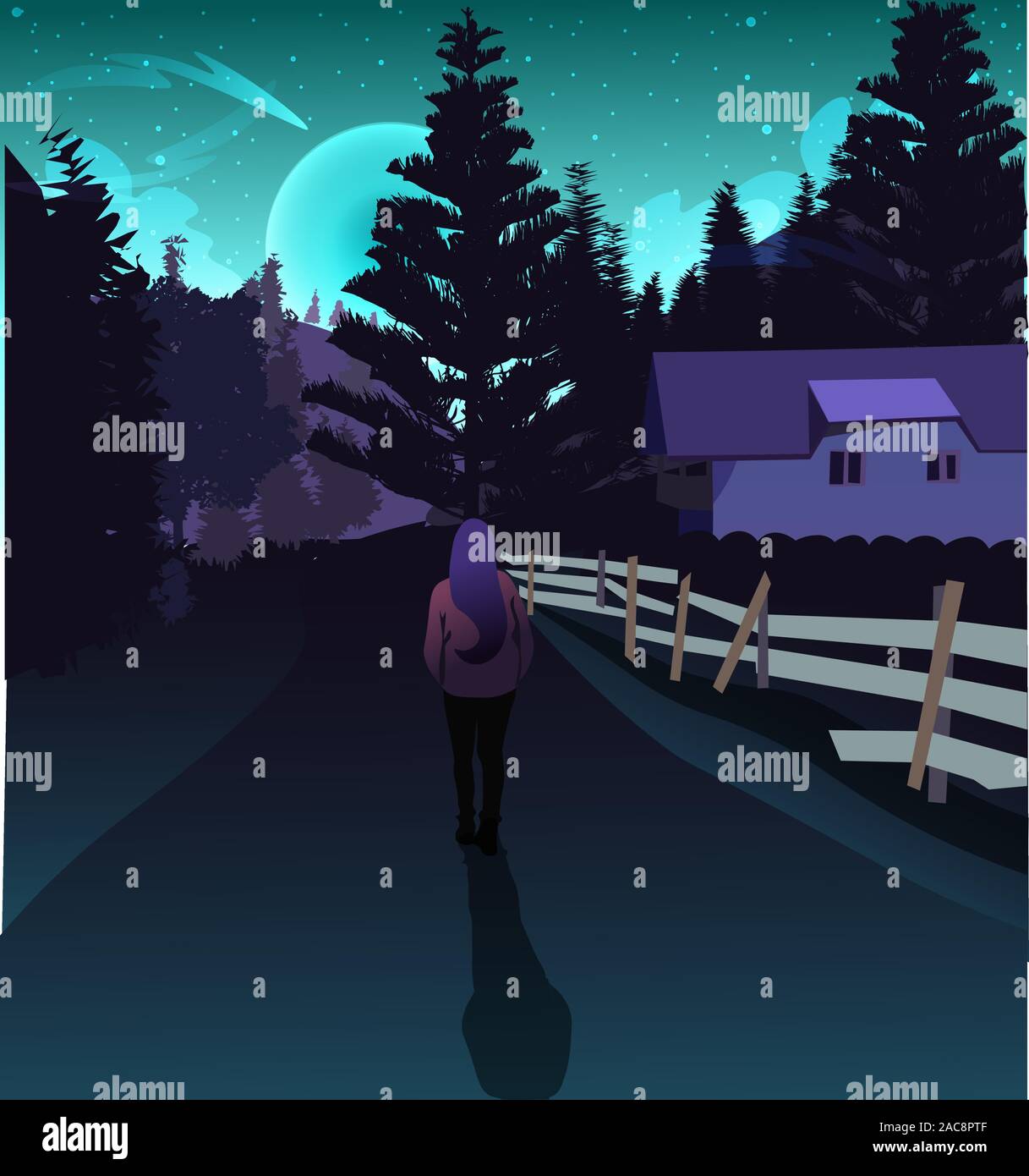 Femme voyageant dans une forêt de montagne sous le crépuscule et lumières de l'aurore boréale. Bleu et violet magique néon modernes northern lights illustrat Illustration de Vecteur