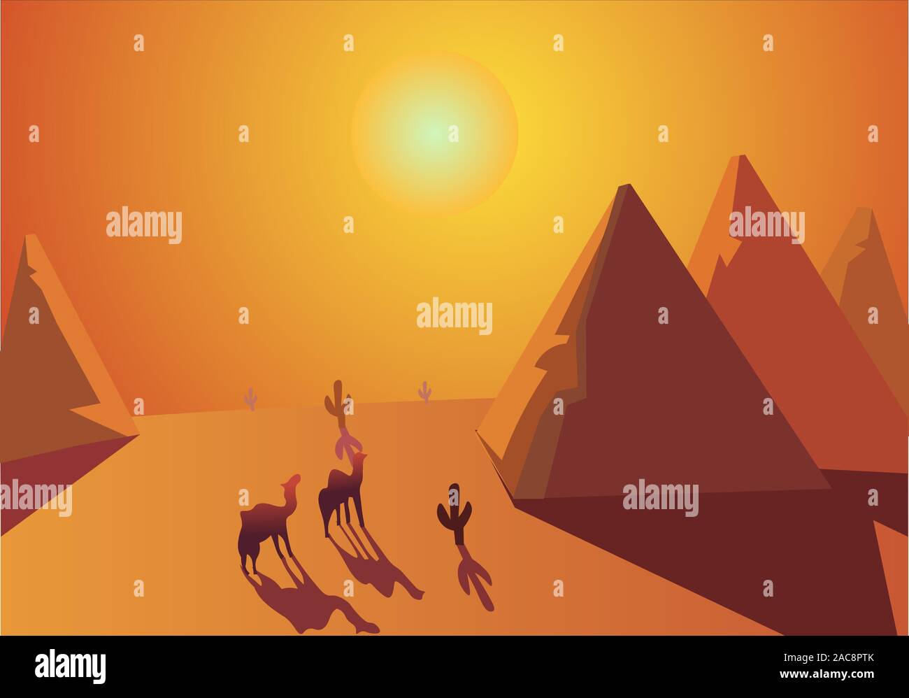 Désert du Sahara, Le Caire, Egypte L'illustration d'un paysage à chaud. Les chameaux et pyramides voyageant sous le soleil et la sécheresse. Illustration de Vecteur