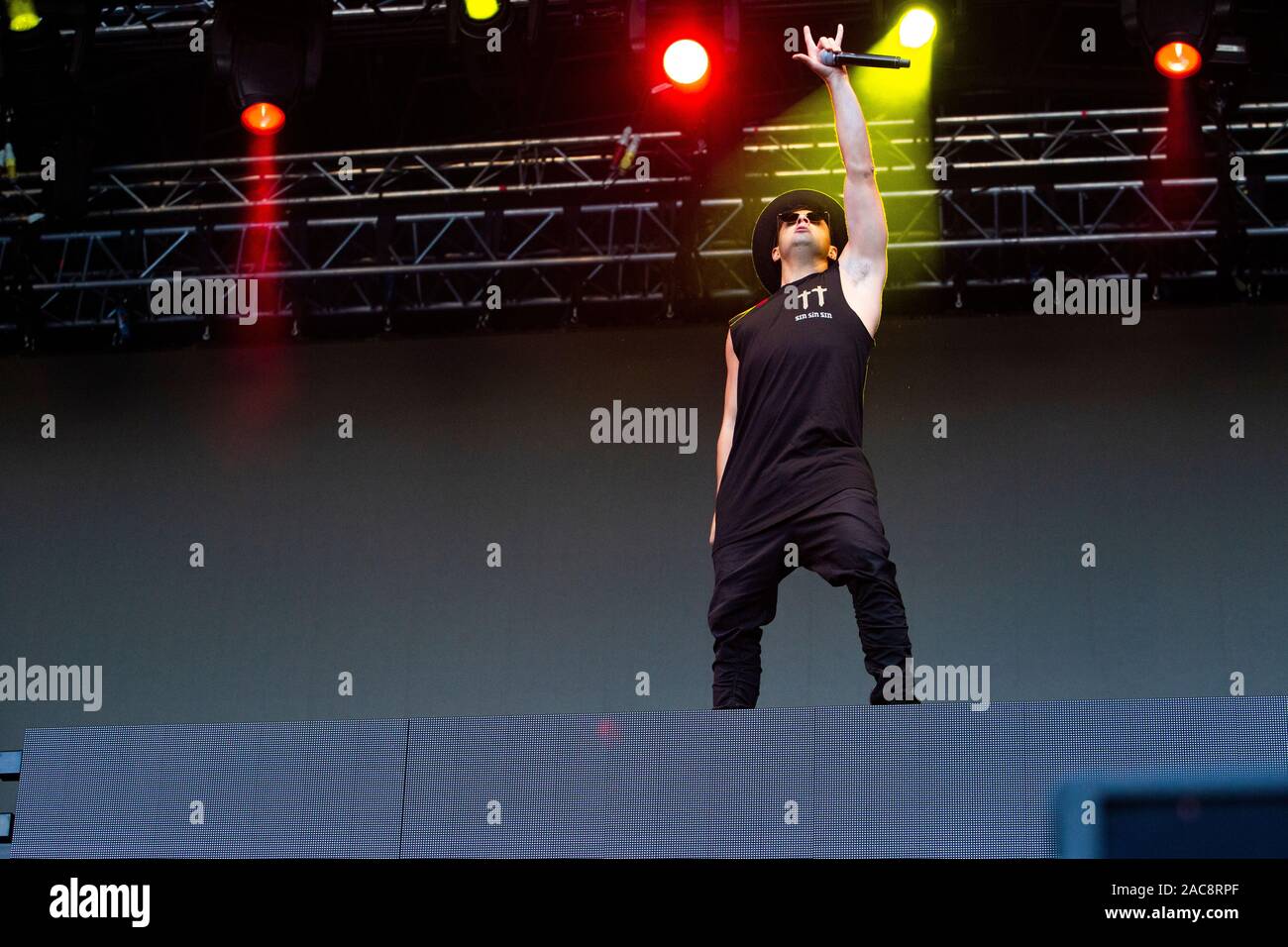 EDM Star Timmy trompette durant son rendement global à Belsonic, 2018 Belsonic Festival, Belfast, Royaume-Uni Banque D'Images