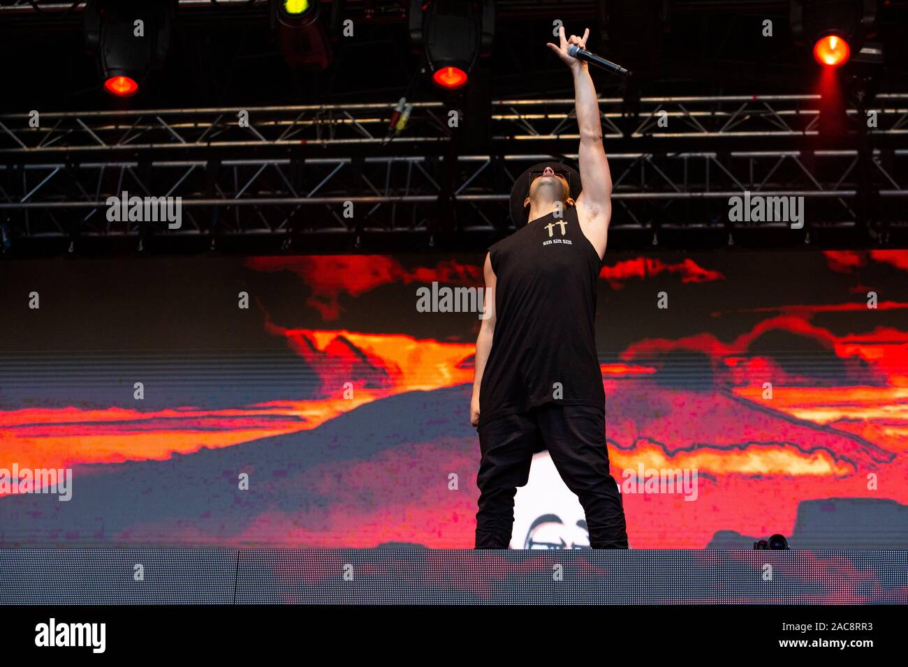 EDM Star Timmy trompette durant son rendement global à Belsonic, 2018 Belsonic Festival, Belfast, Royaume-Uni Banque D'Images