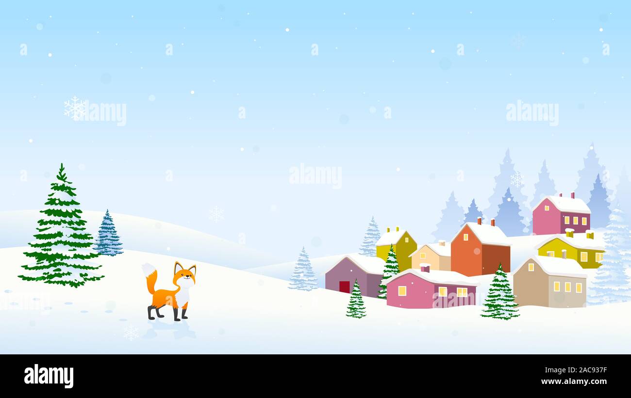 Cute fox avec paysage d'hiver illustration. Belle décoration de Noël. Banque D'Images