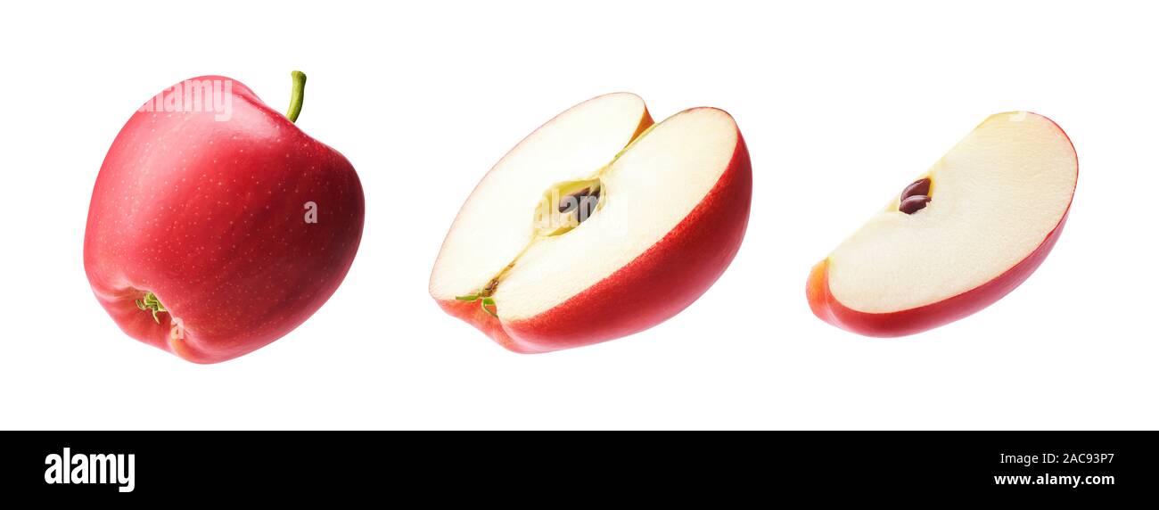 Jeu de poisson frais entier, coupé en tranches et la moitié de pomme rouge isolé sur fond blanc Banque D'Images