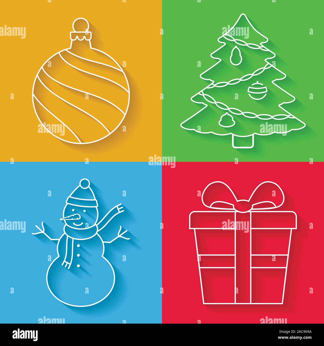 Icônes de ligne de Noël : Boule de Noël, arbre de Noël, bonhomme de neige, boîte-cadeau Illustration de Vecteur