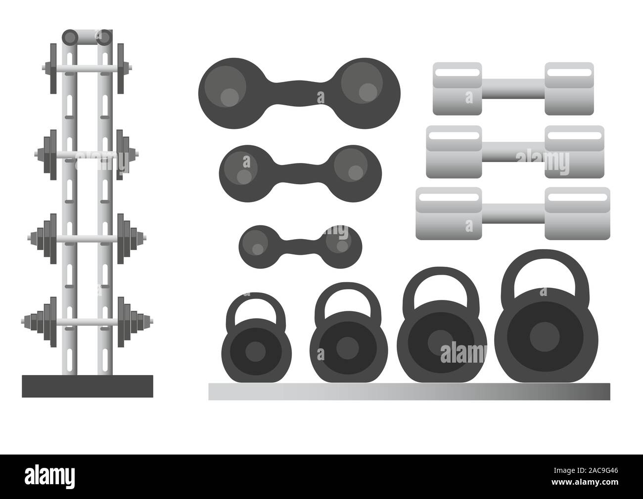 Sport et fitness, matériel de sport, poids et longs ou kettlebells Illustration de Vecteur