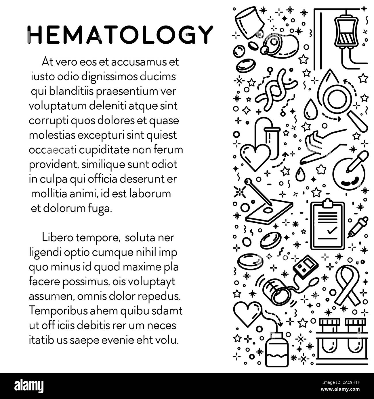 Ligne d'hématologie, de l'affiche des icônes sur la recherche sur le sang et l'équipement de laboratoire Illustration de Vecteur