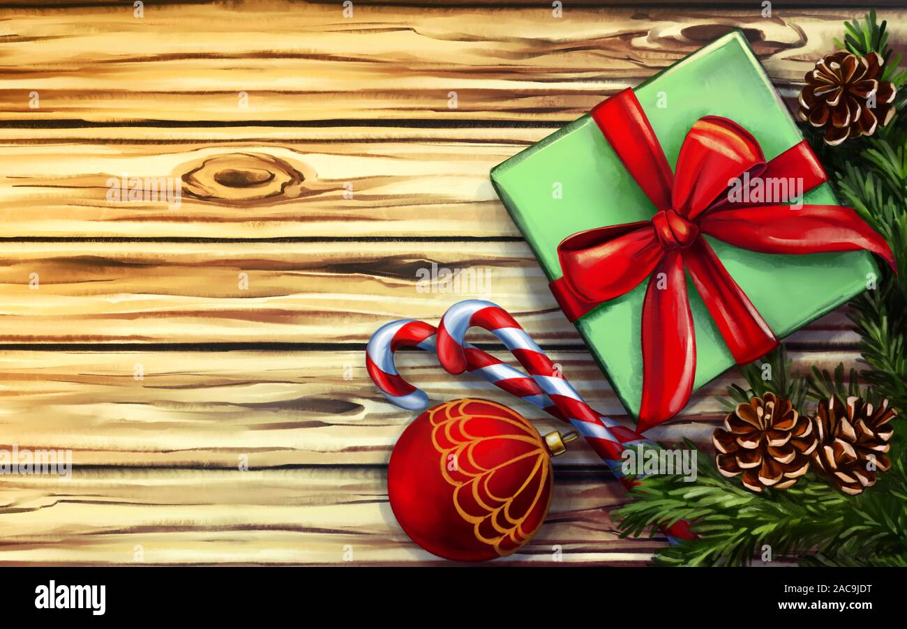 De belles décorations de Noël sur fond de bois, carte de vœux de Noël, symbole de Noël et nouvel an, de l'art illustration peinte avec waterco Banque D'Images