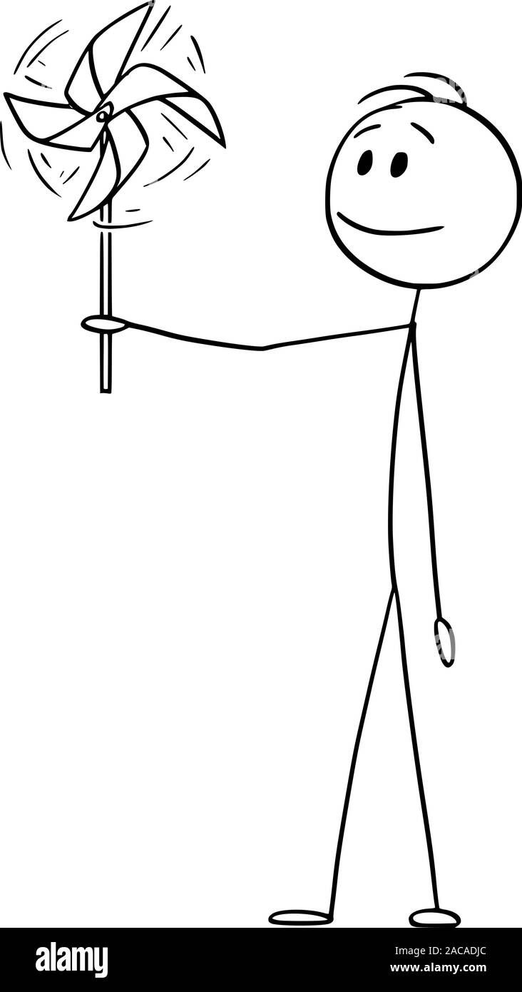 Vector cartoon stick figure dessin illustration conceptuelle de man holding pinwheel jouet ou moulin à vent. Concept de l'énergie éolienne et de l'écologie. Illustration de Vecteur