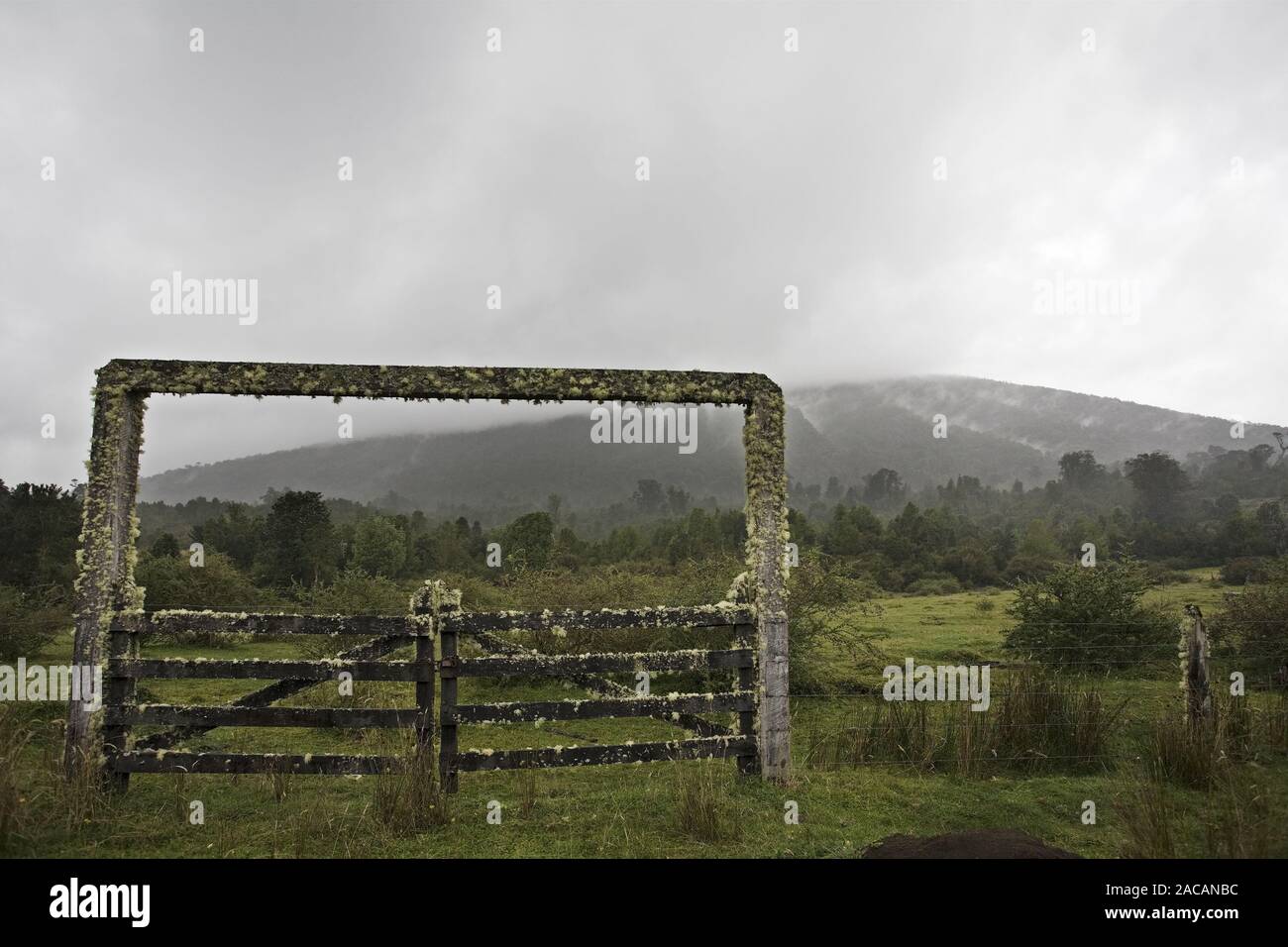 Ranch gate sur le chemin de NP Hornopiren, Chili Banque D'Images