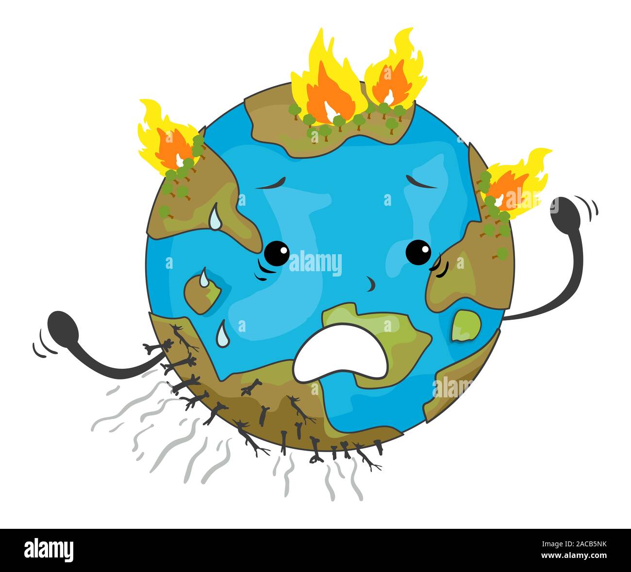 Illustration d'une mascotte de la Terre inquiète avec arbres brûlés et les feux Banque D'Images