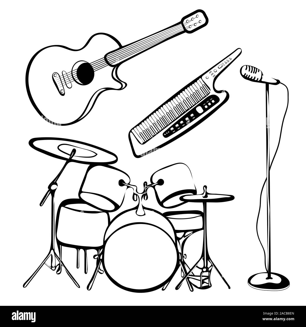 Ensemble d'instruments de musique, contours dessin à la main, noir et blanc, l'icône du rock and roll, silhouette. Kit de batterie, synthétiseur, guitare, microphone est Illustration de Vecteur