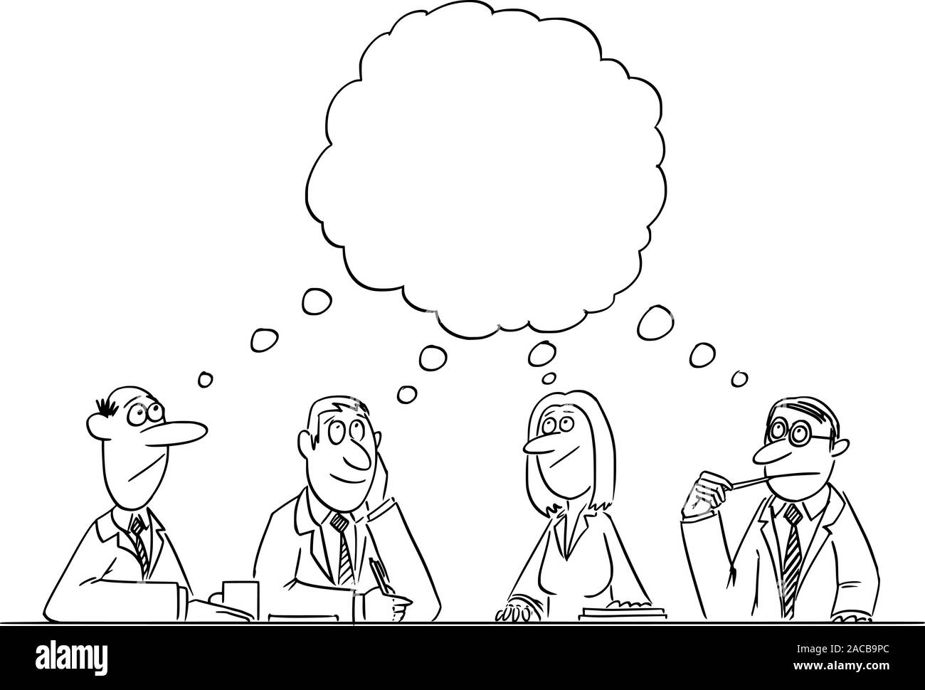 Drôle de scénario de dessin animé de la bande dessinée de la réunion de l'équipe d'affaires et de remue-méninges. La pensée est l'équipe de réflexion et la solution du problème. Illustration de Vecteur