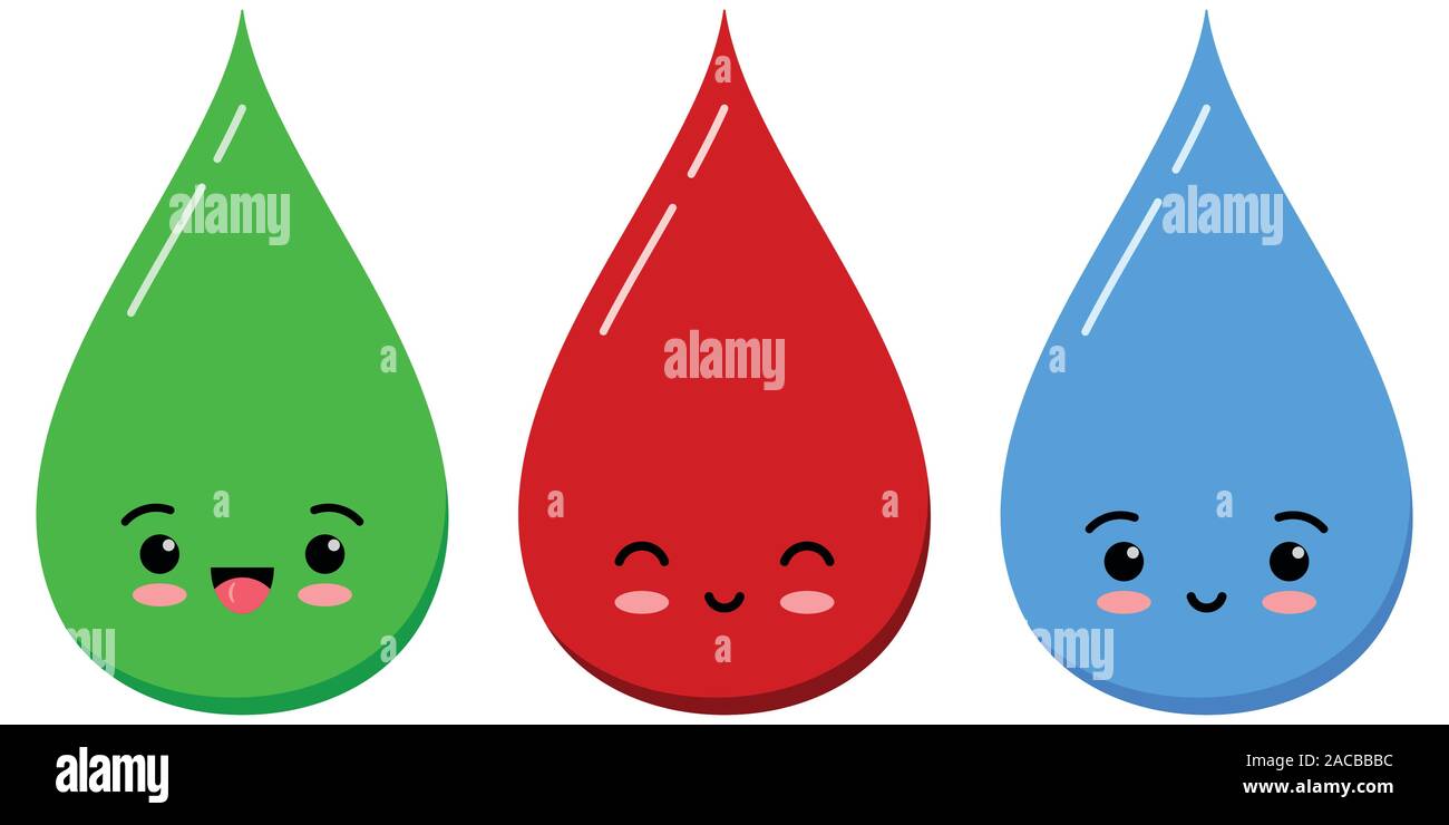 L'eau, le sang et un liquide vert goutte émoticone set isolé sur fond blanc. Illustration de Vecteur
