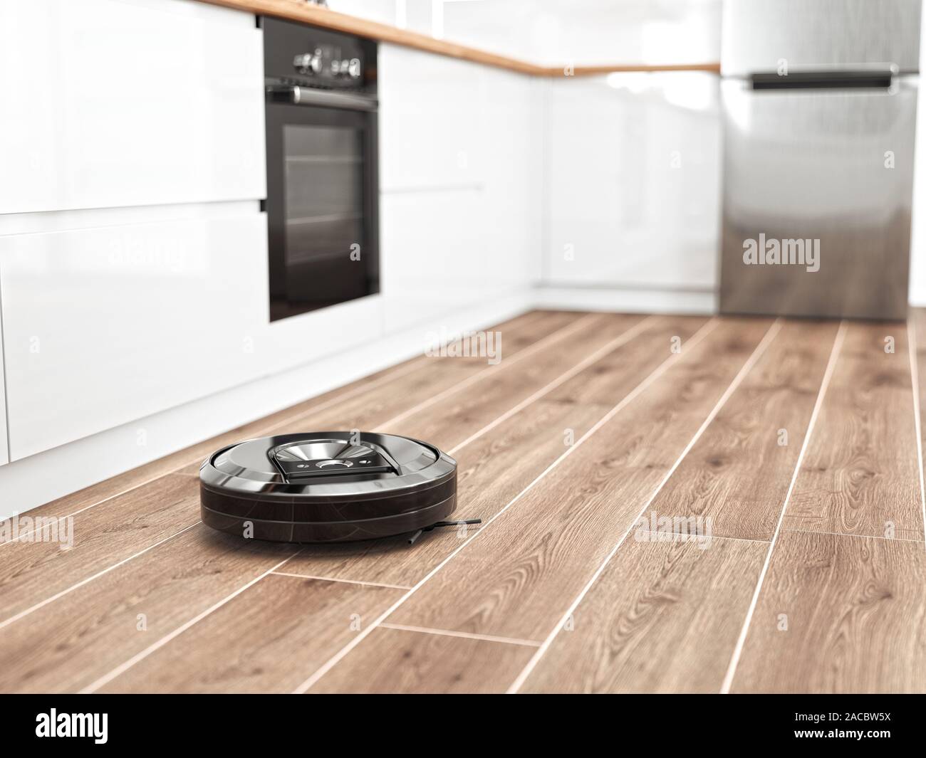 Aspirateur Robot sur plancher de tuiles de bois. Le rendu 3d illustration. La technologie moderne de nettoyage intelligentes Banque D'Images