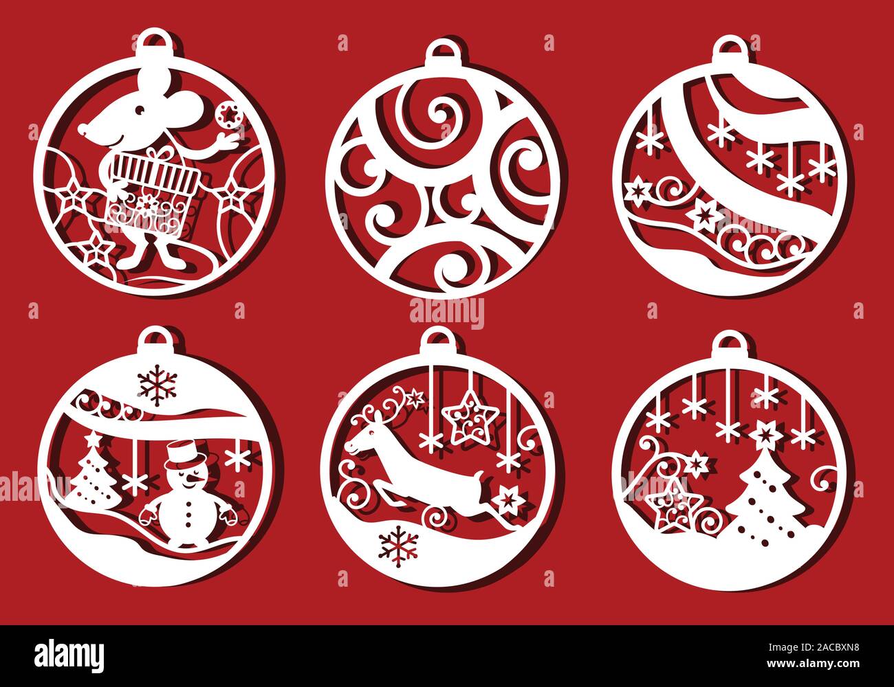 Boule de Noël ensemble. Deer, bonhomme, rat en boule de noël pour cuttinng au laser. Simple dessin ornemental monochrome Illustration de Vecteur