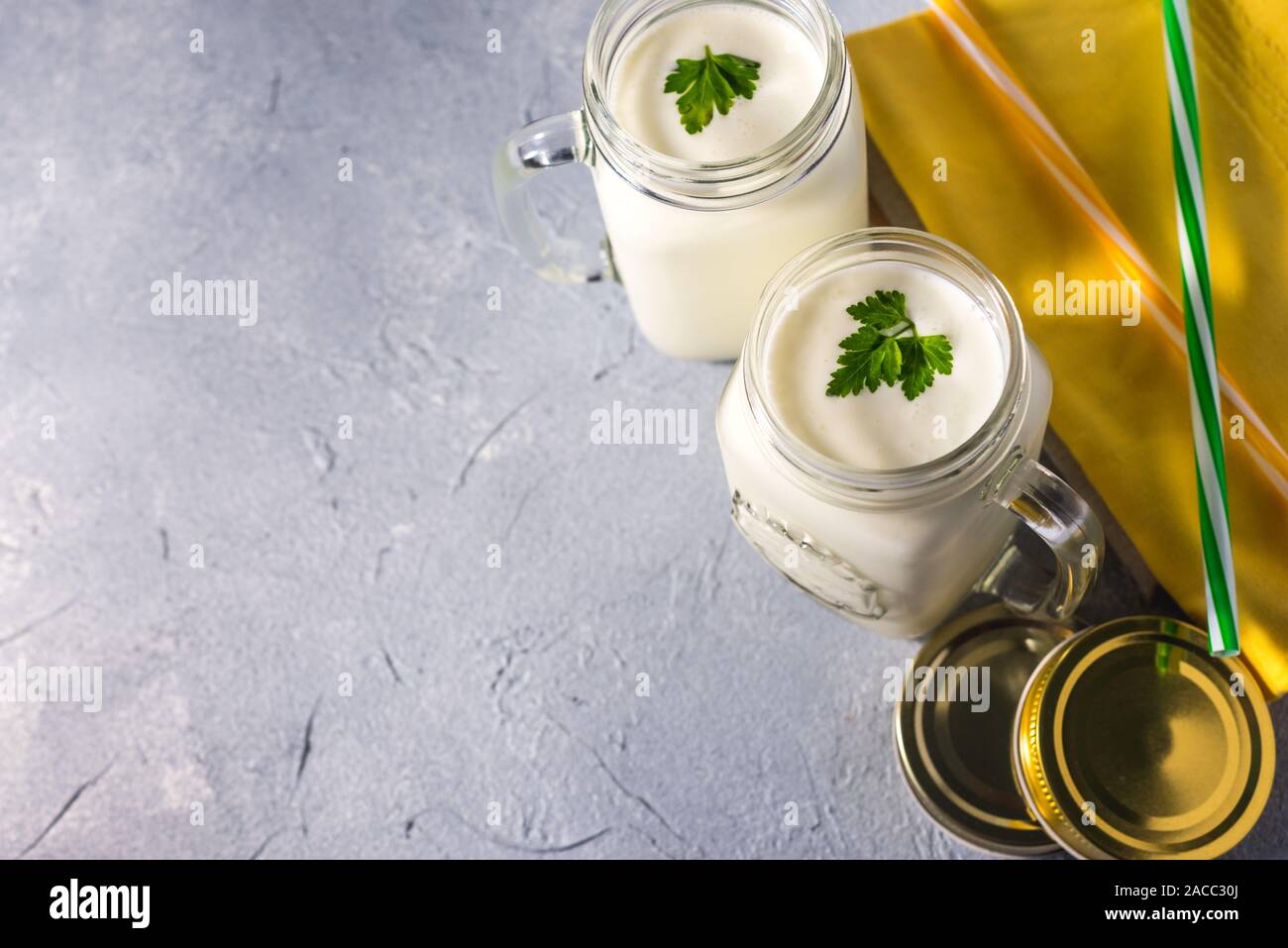 Le kéfir maison simple dans un verre avec des épices et herbes sur fond gris, copiez l'espace. Ayran probiotiques Banque D'Images