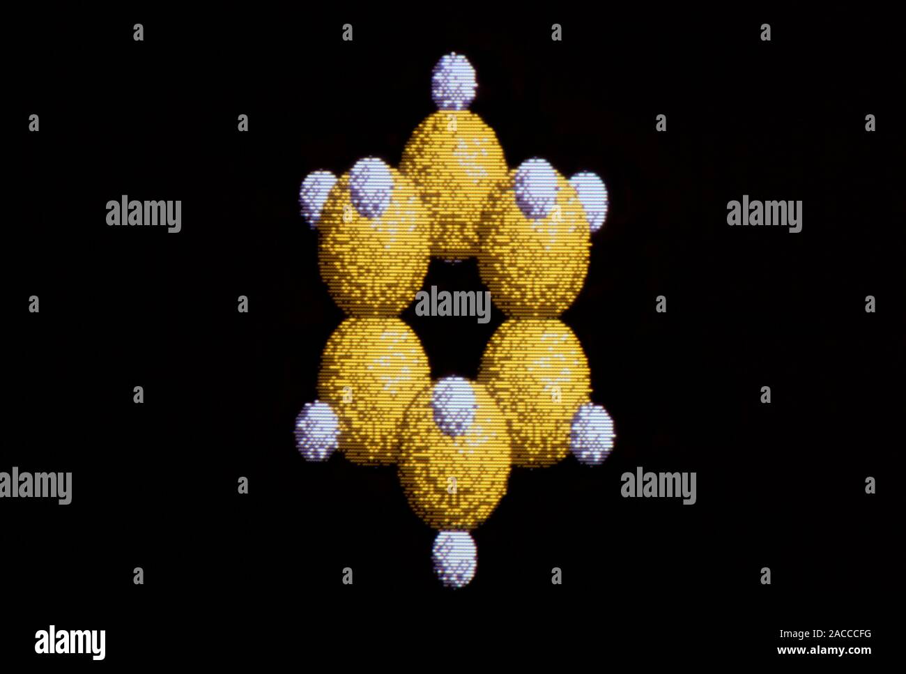 Le cyclohexane. Représentation graphique de l'ordinateur d'une molécule de cyclohexane (formule chimique C6H12), montré dans sa forme conformationnelle chaise. Carbo Six Banque D'Images