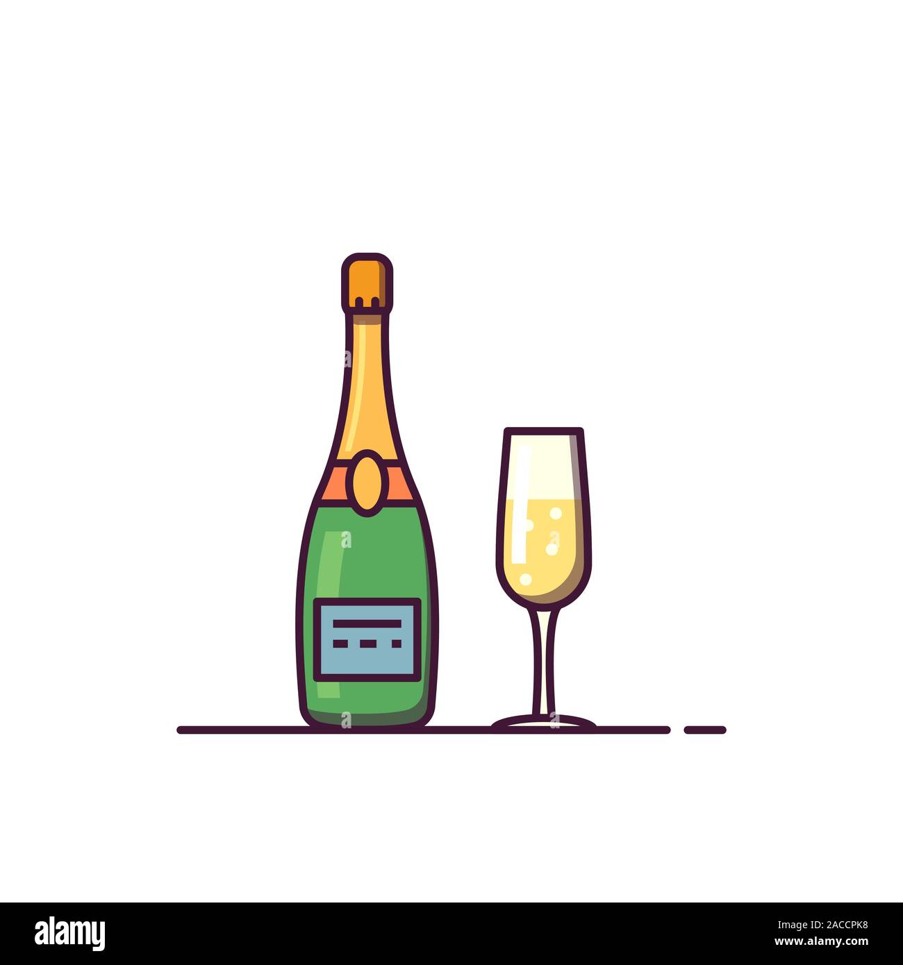 Bouteille de champagne et un verre de vin de style de ligne de l'illustration. Bateau bouteille de vin mousseux. L'alcool à bulles. Champagne style de ligne. Nouvelle année et célébrer Illustration de Vecteur