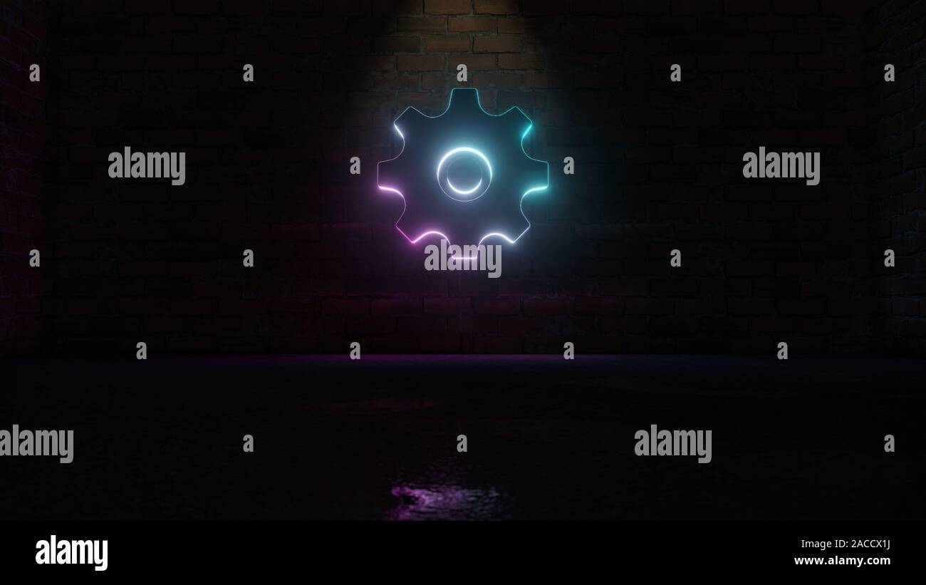 Le rendu 3D de néon violet bleu symbole de roue dentée sur fond sombre mur humide avec réflexion floue Banque D'Images