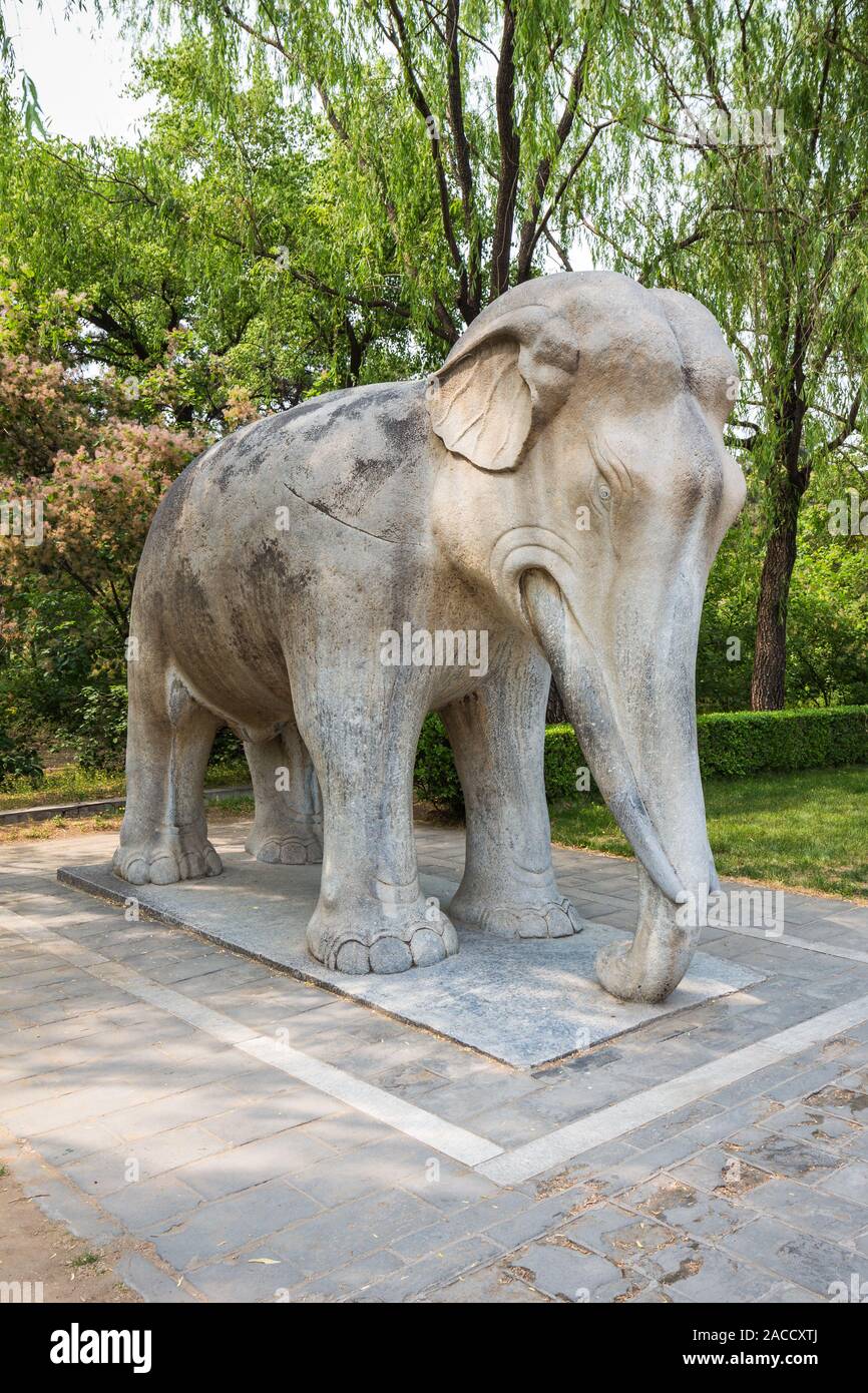 Statue d'un éléphant dans le parc sur un fond d'arbres. Banque D'Images