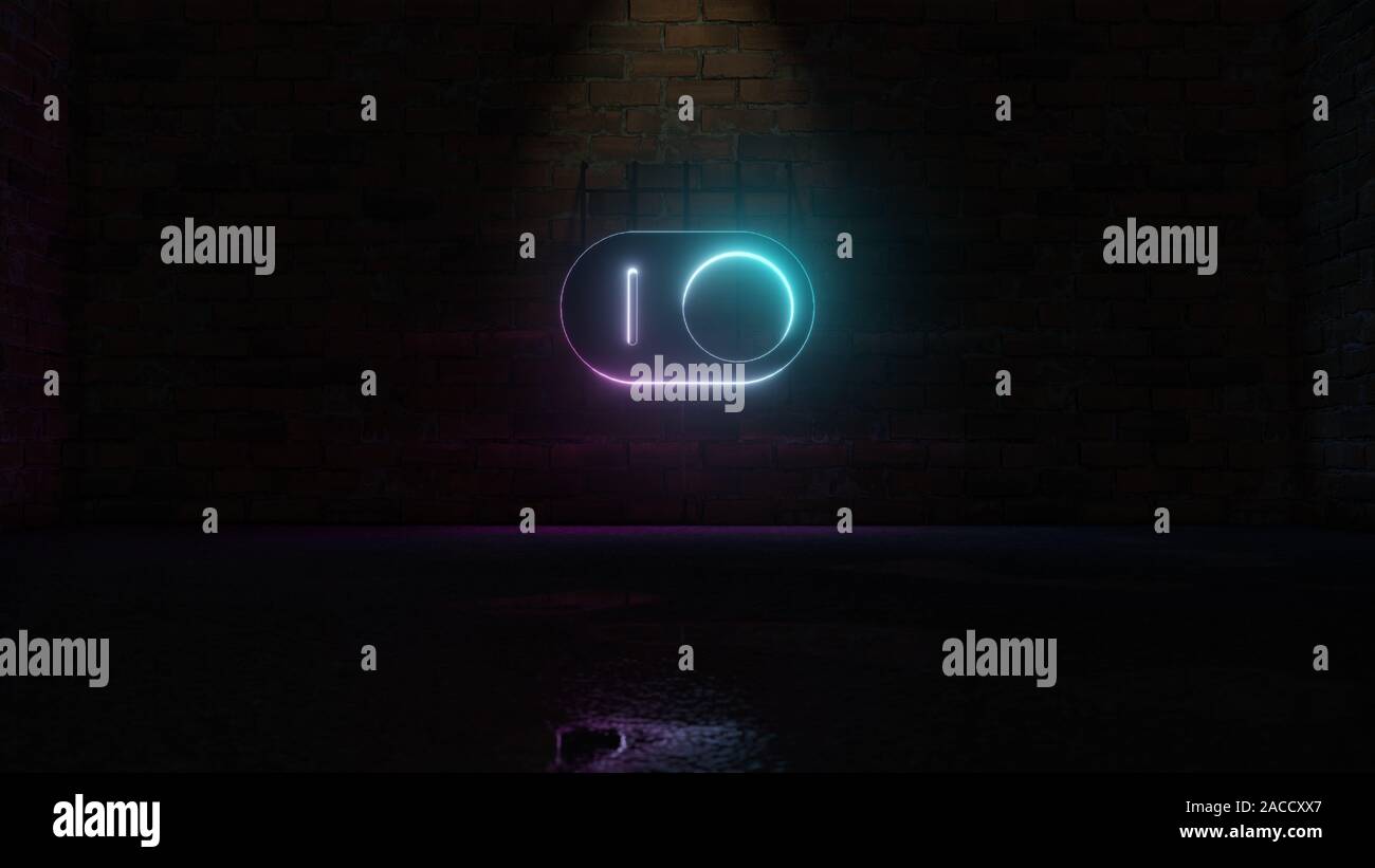 Le rendu 3D de néon violet bleu symbole de bouton de l'interrupteur sur le mur de brique sombre avec l'arrière-plan flou reflet humide Banque D'Images