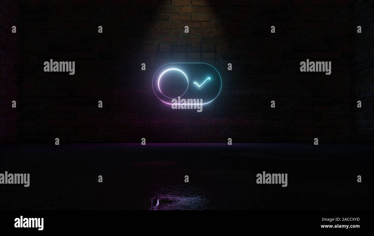 Le rendu 3D de néon violet bleu symbole de bouton interrupteur avec crochet sur le mur de brique sombre avec l'arrière-plan flou reflet humide Banque D'Images