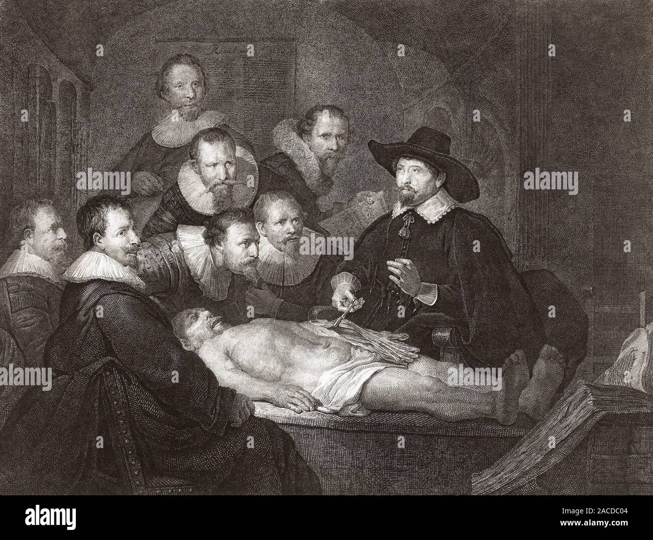 La leçon d'Anatomie du Dr Nicolaes Tulp. Une gravure de Johannes Pieter de Frey, après la peinture de Rembrandt. Banque D'Images