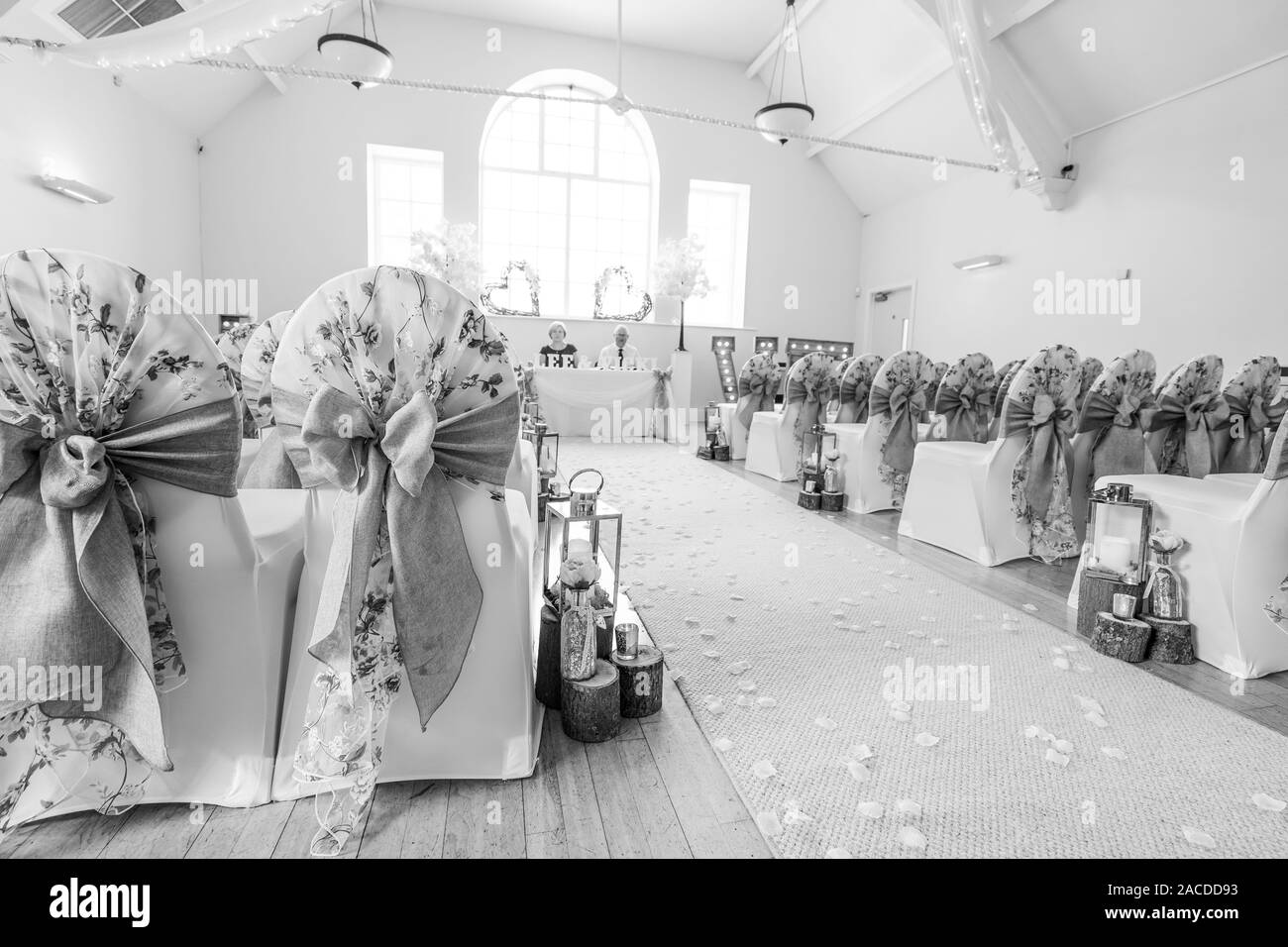 Un lieu habillé pour une cérémonie de mariage à Floral Hall, Tunstall, Stoke on Trent, photographie de mariage, célébration, mariage traditionnel Banque D'Images