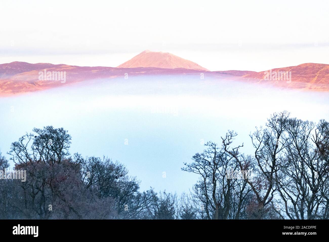 Ben Lomond lever du soleil d'hiver brumeux, Loch Lomond et les Trossachs National Park, Ecosse, Royaume-Uni Banque D'Images