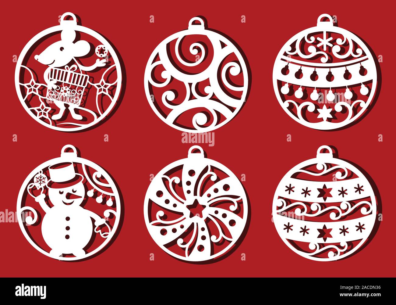 Boule de Noël ensemble. Rat, bonhomme de neige en boule de noël pour cuttinng au laser. Simple dessin ornemental monochrome Illustration de Vecteur