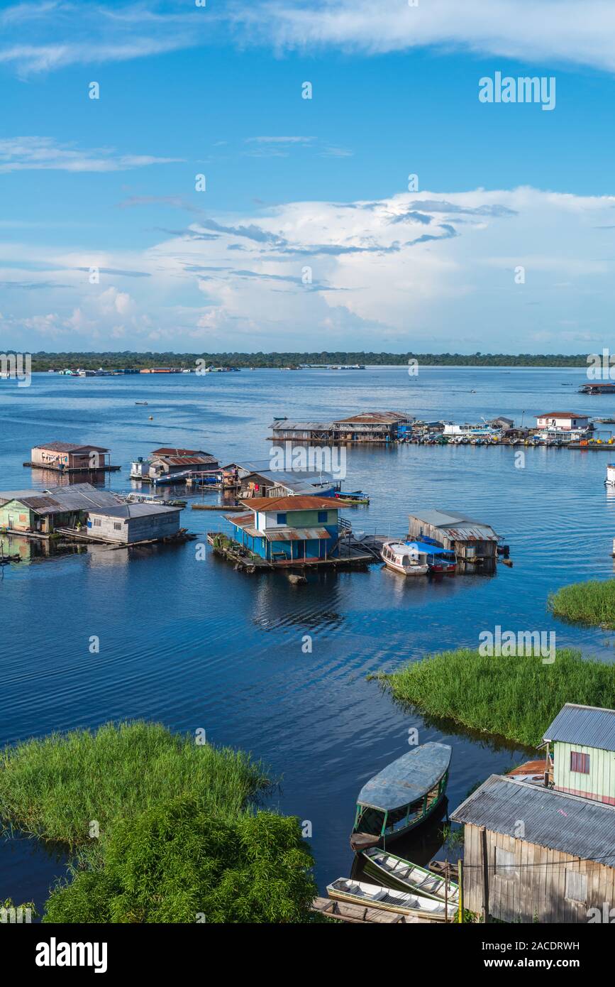 Maisons de natation sur le lac Tefé, petite ville de Tefé sur rivière Solimoes, Amazon, Brasilia, du nord de l'État en Amérique latine Banque D'Images